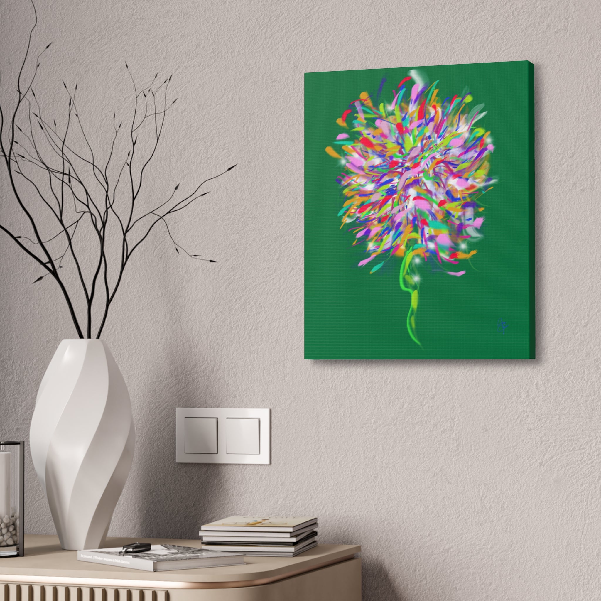 Abstract Floral Burst Canvas Print — Colorful Flower Wall Art on Deep Blue