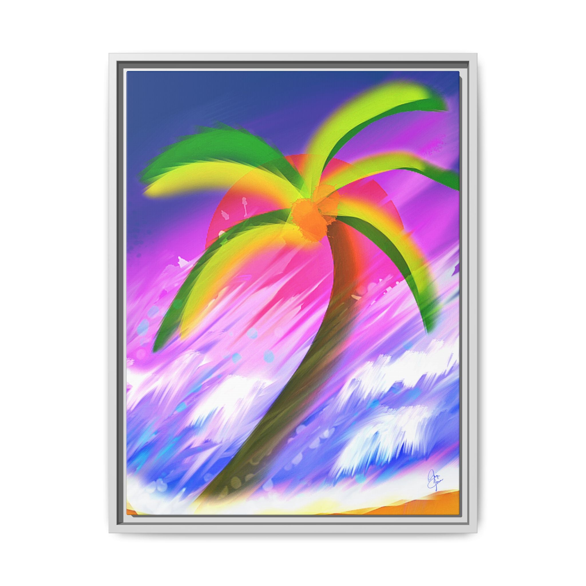Framed Matte Canvas Print — Neon Palm Beach Art