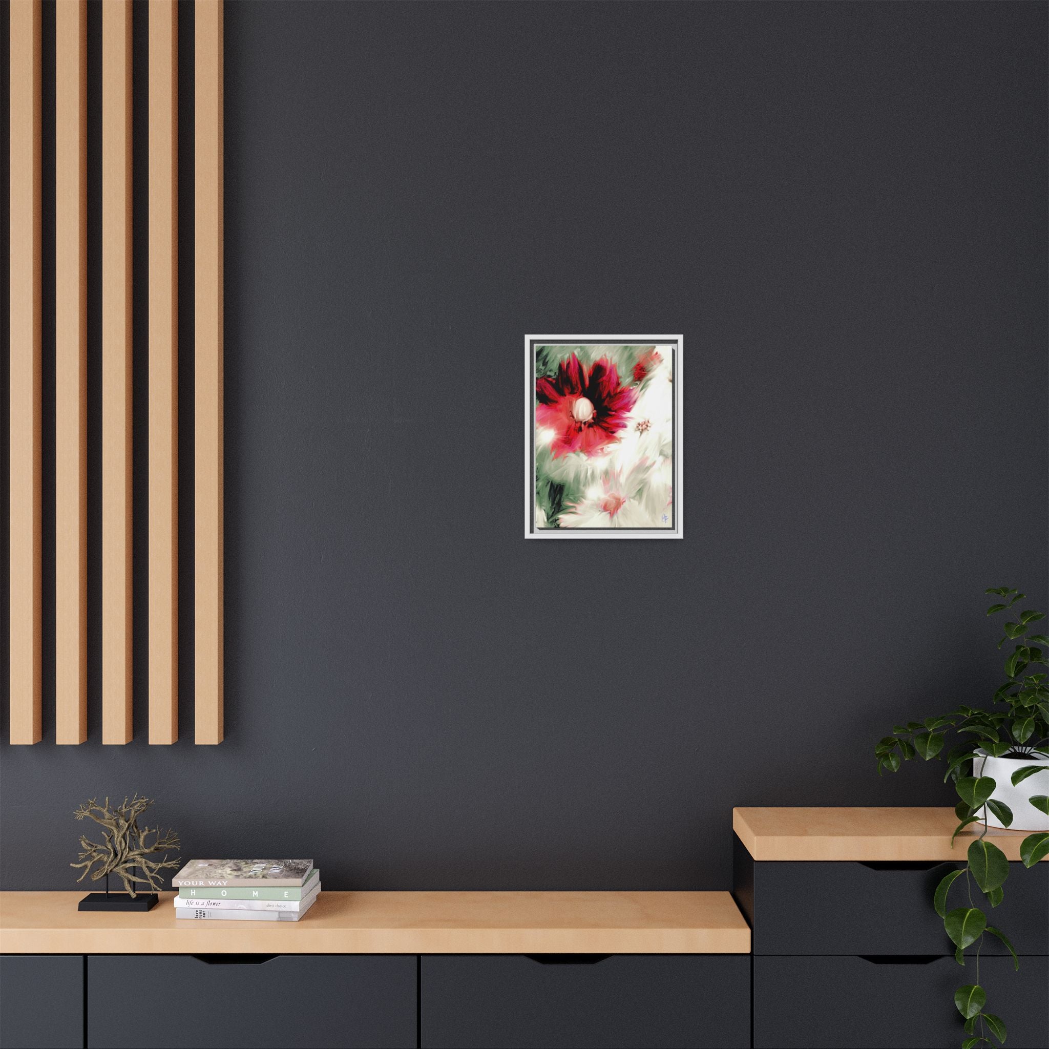 Framed Matte Canvas Print — Blurred Red & White Floral Art