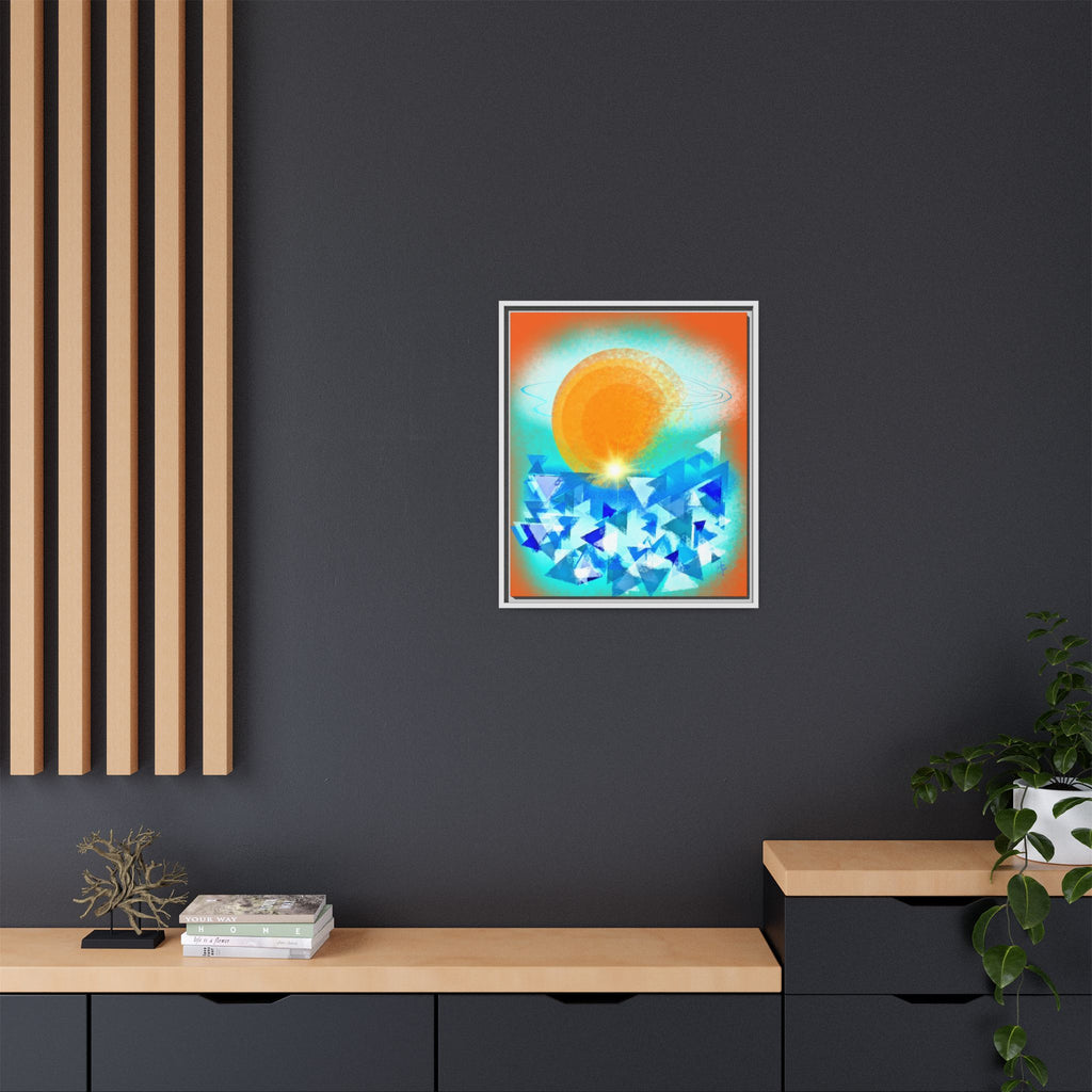 Abstract Sunrise Framed Canvas Art – Orange Sun Over Blue Geometric Waves