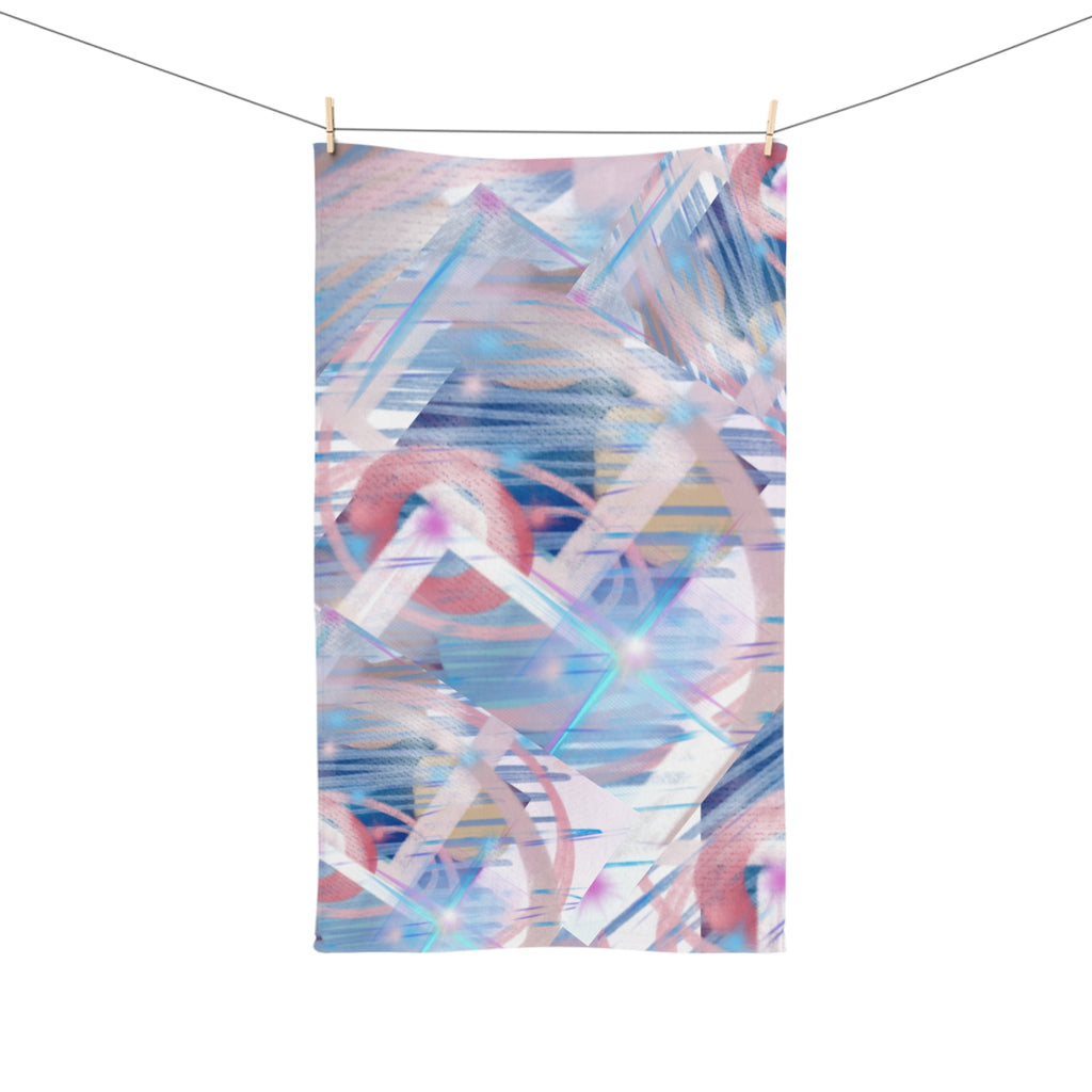 Abstract Pastel Geometric Hand Towel — Soft Blue & Pink Decorative Kitchen Towel