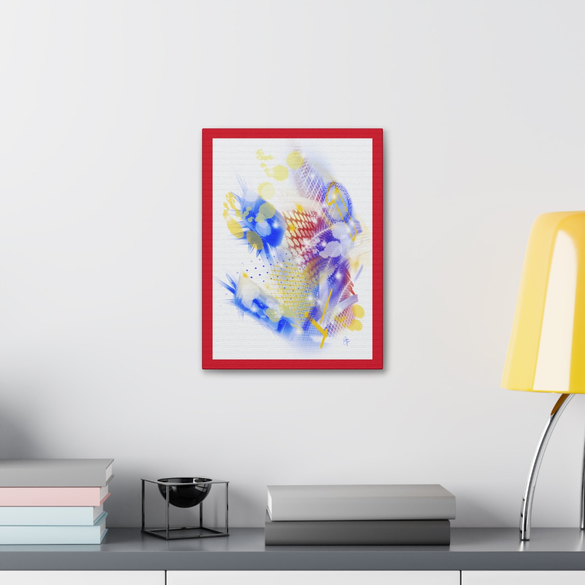 Abstract Blue & Yellow Art Canvas Print — Stretched 1.5" with Red Border