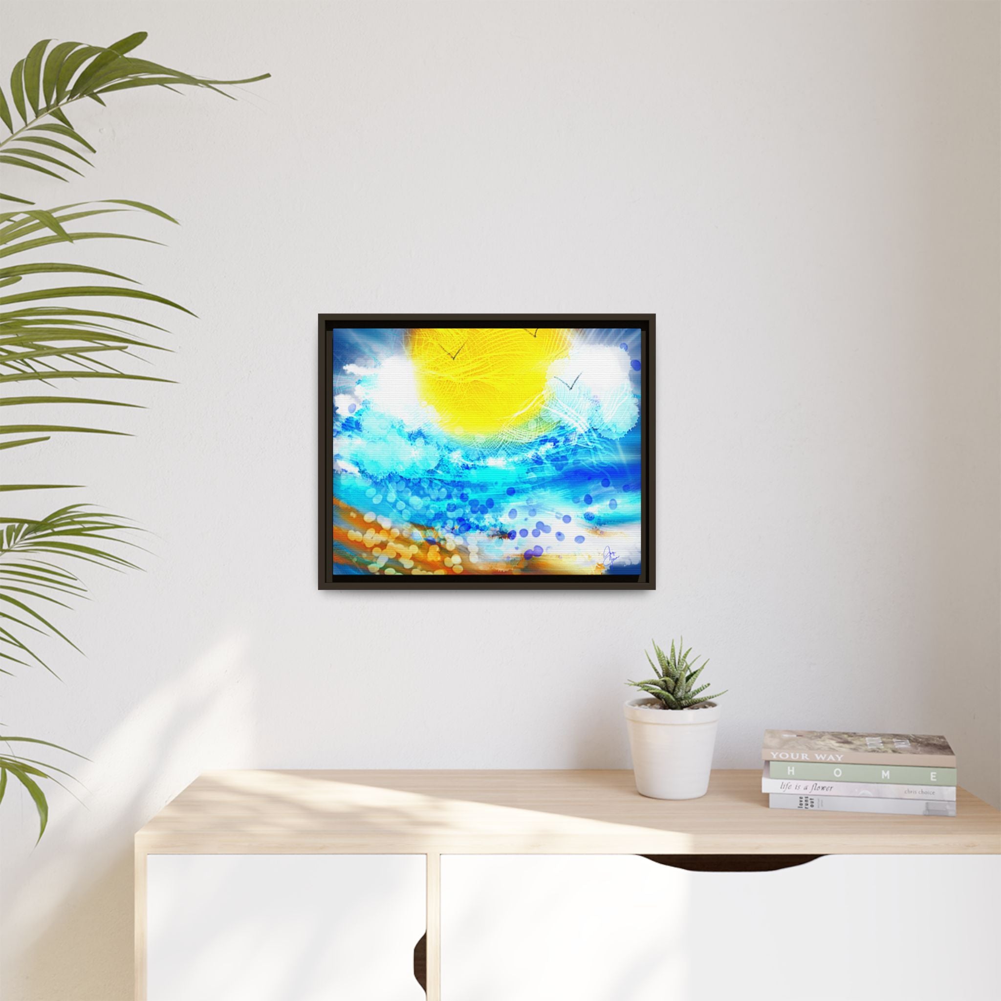 Sunshine Shore Matte Canvas Framed Wall Art — Bright Abstract Beach Print