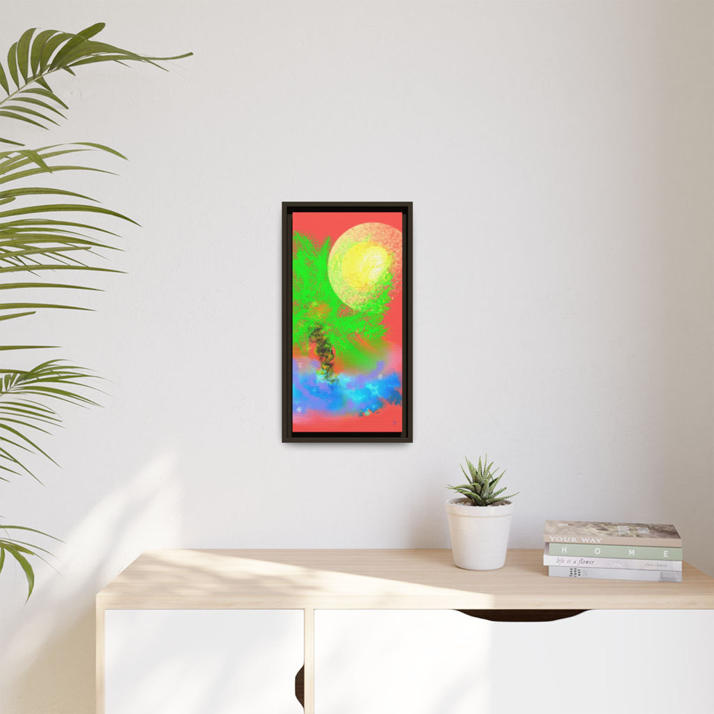 Abstract Neon Tree Matte Canvas Framed Art — Vibrant Green Moon Landscape