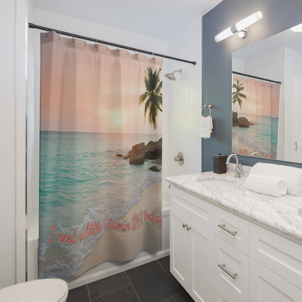 Beach Sunset Shower Curtain — "I Need a Little Vitamin SEA Today" Tropical Palm Bathroom Decor