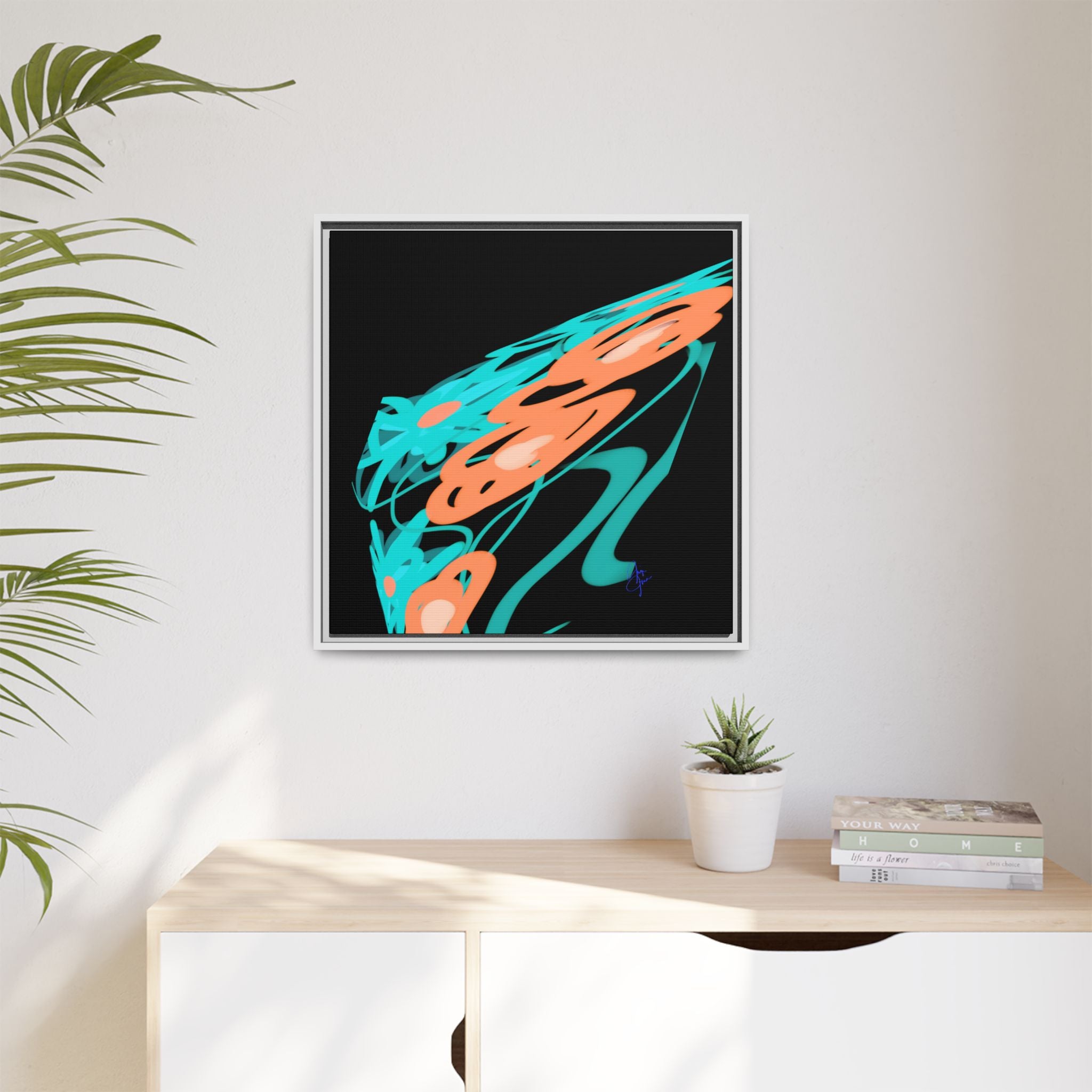 Abstract Teal & Coral Splash Framed Canvas