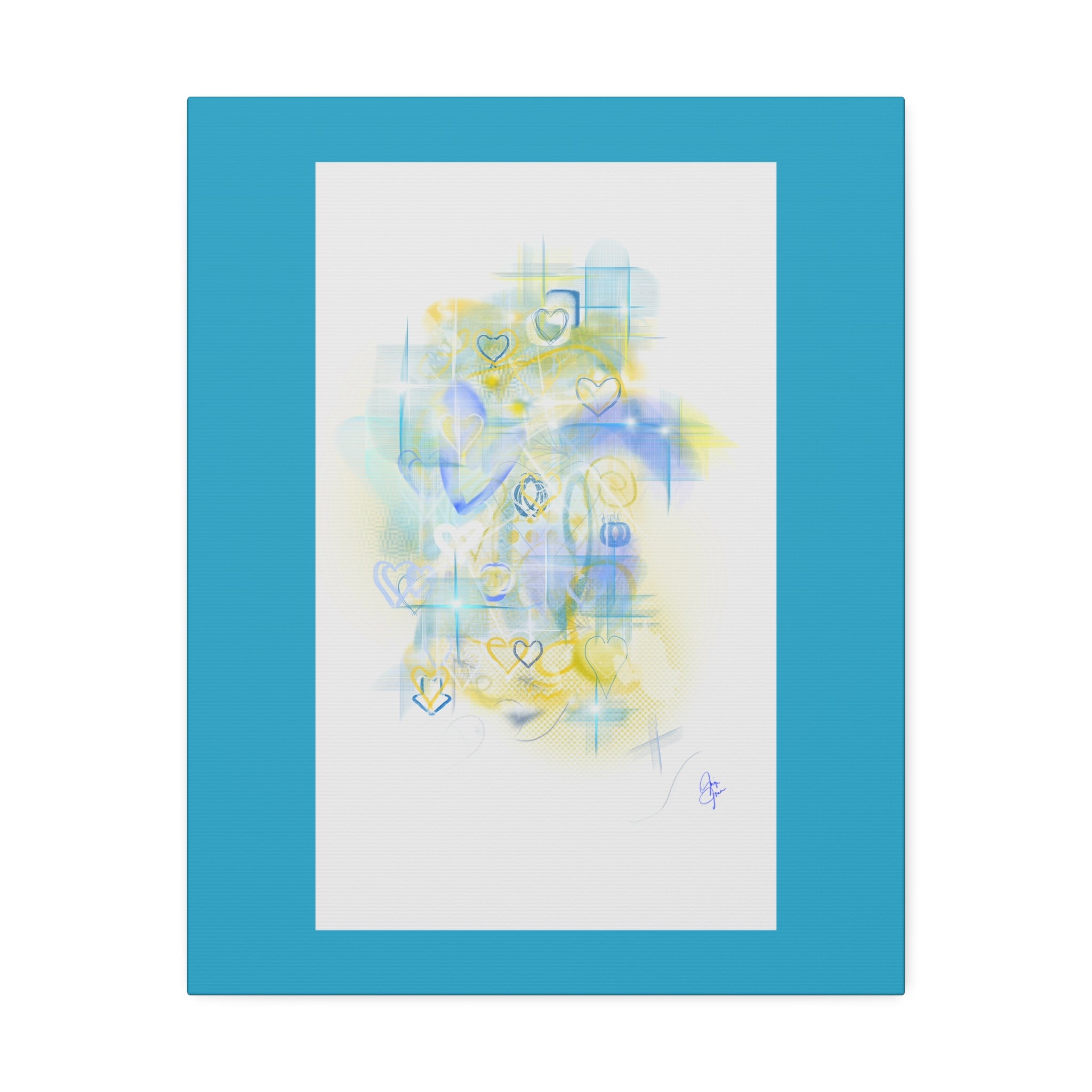 Pastel Heart Abstract Canvas Print — Blue & Yellow Stretched Wall Art (1.5")