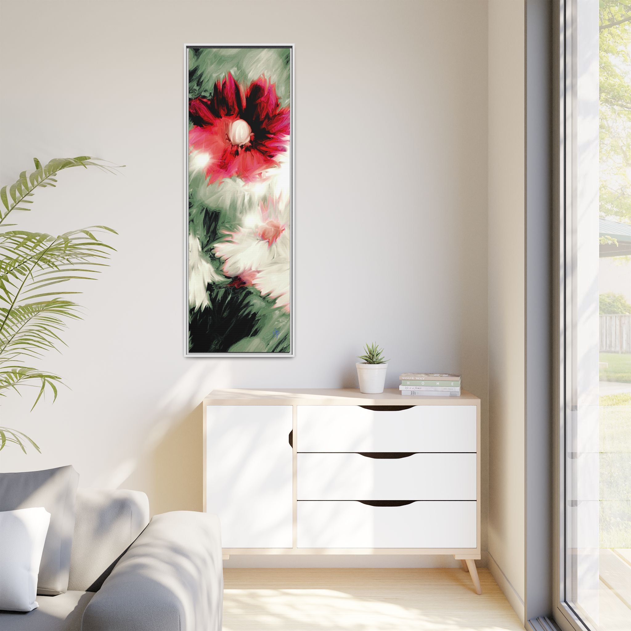 Framed Matte Canvas Print — Blurred Red & White Floral Art