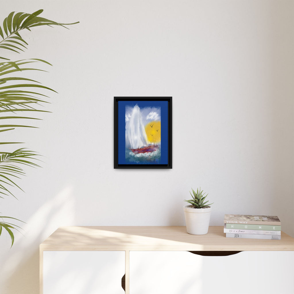 Sailboat Sunset Matte Framed Canvas Print — Coastal Seascape Wall Art