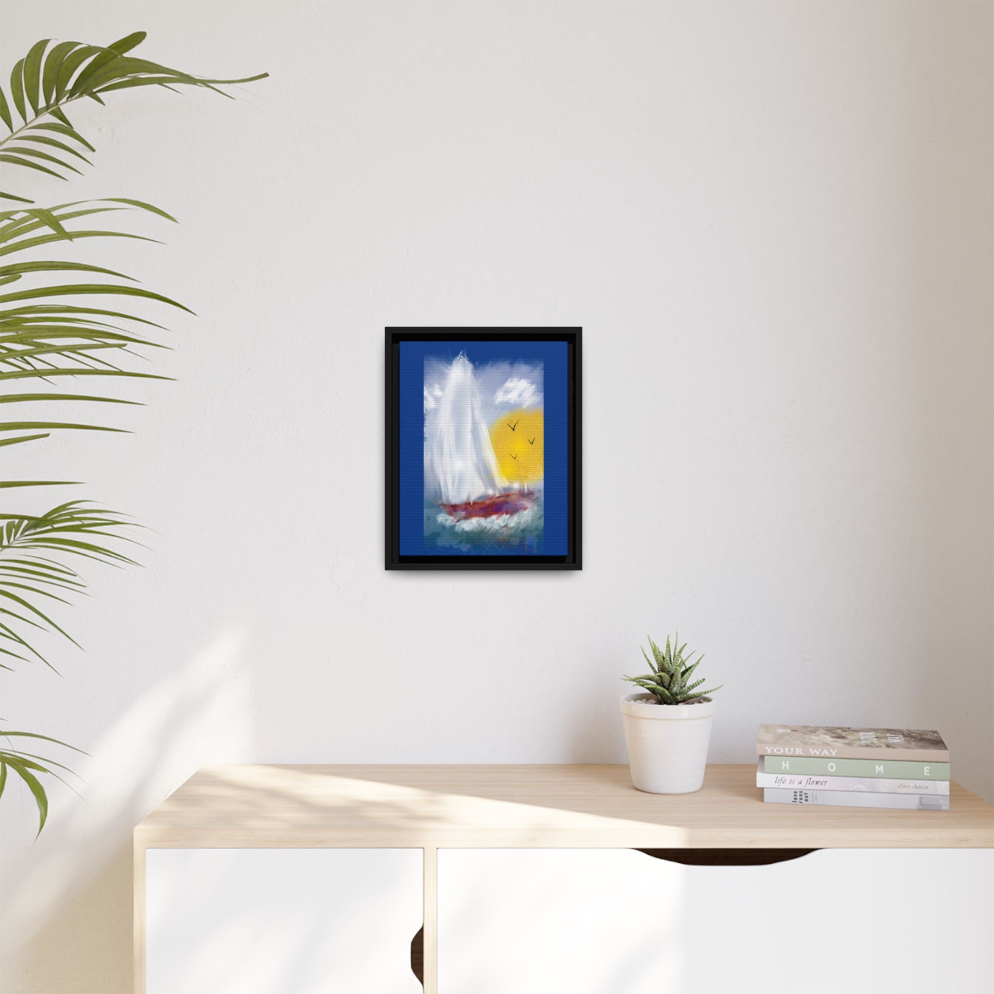 Sailboat Sunset Matte Framed Canvas Print — Coastal Seascape Wall Art