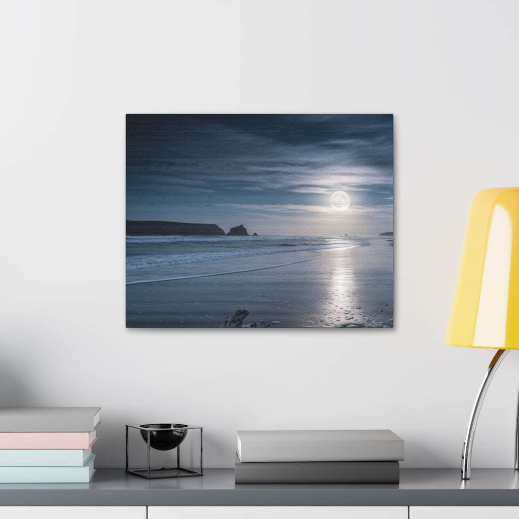 Moonlit Beach Canvas Wall Art — Tranquil Ocean Nightscape