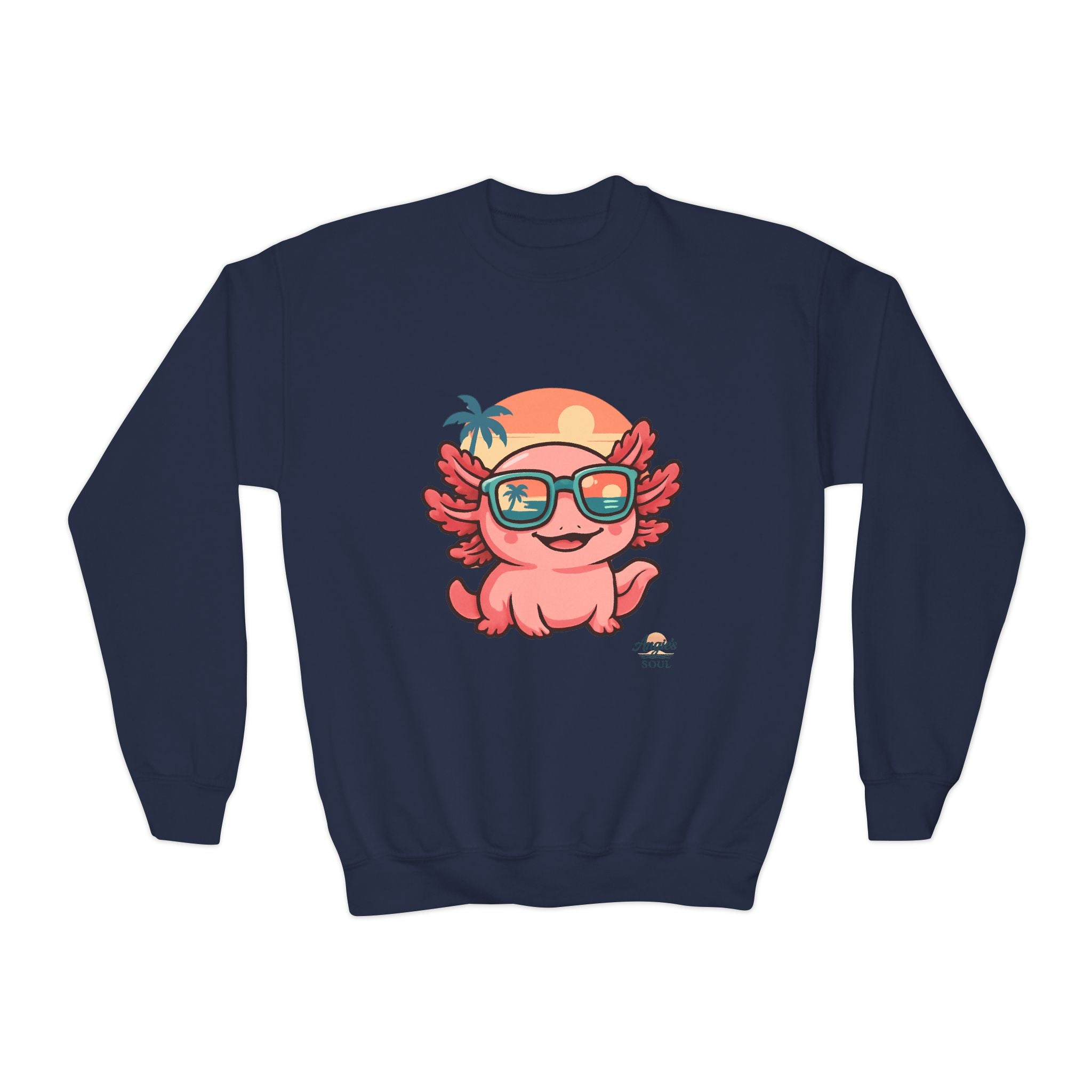 Axolotl Crewneck Sweatshirt — Cute Pink Axolotl with Sunglasses & Sunset