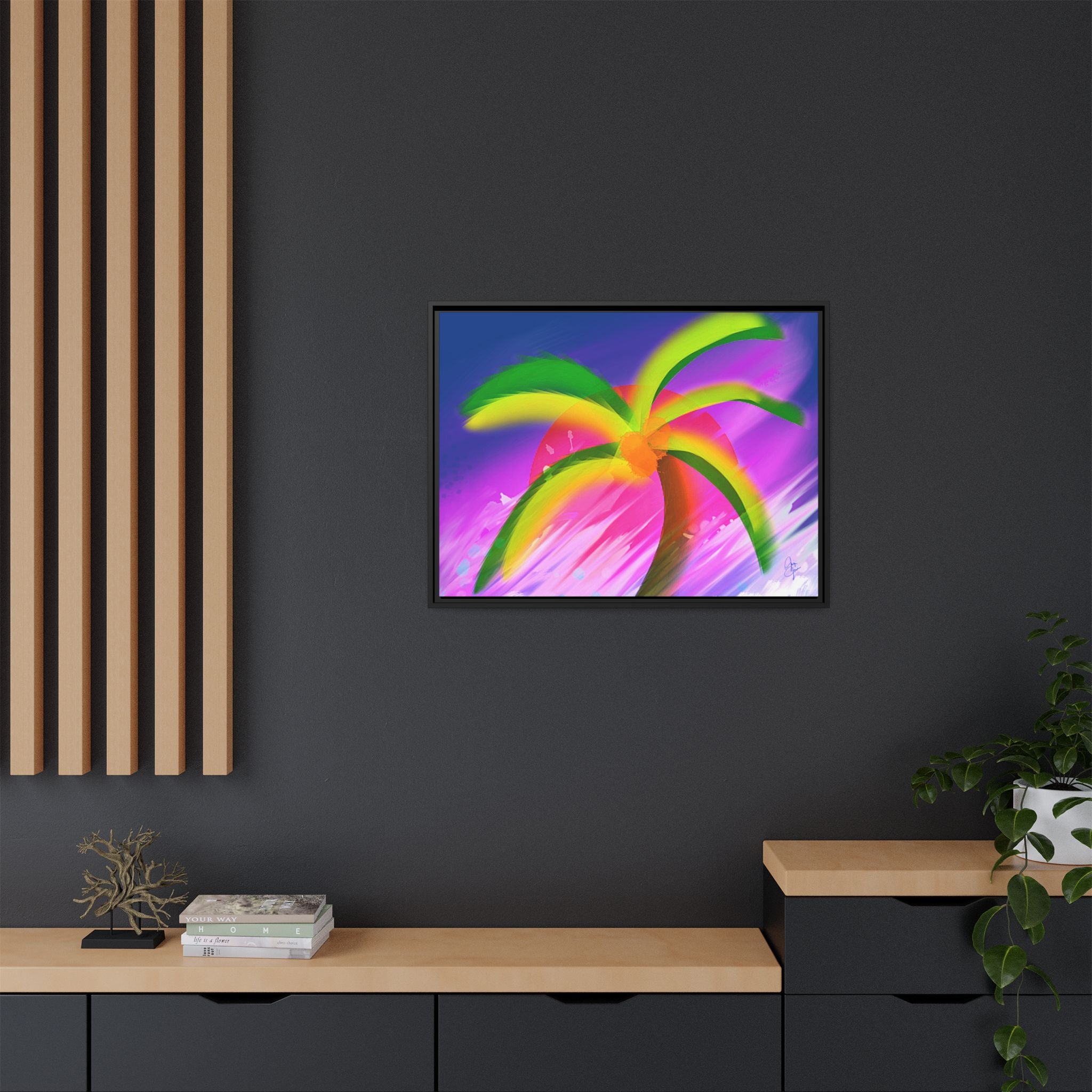 Framed Matte Canvas Print — Neon Palm Beach Art