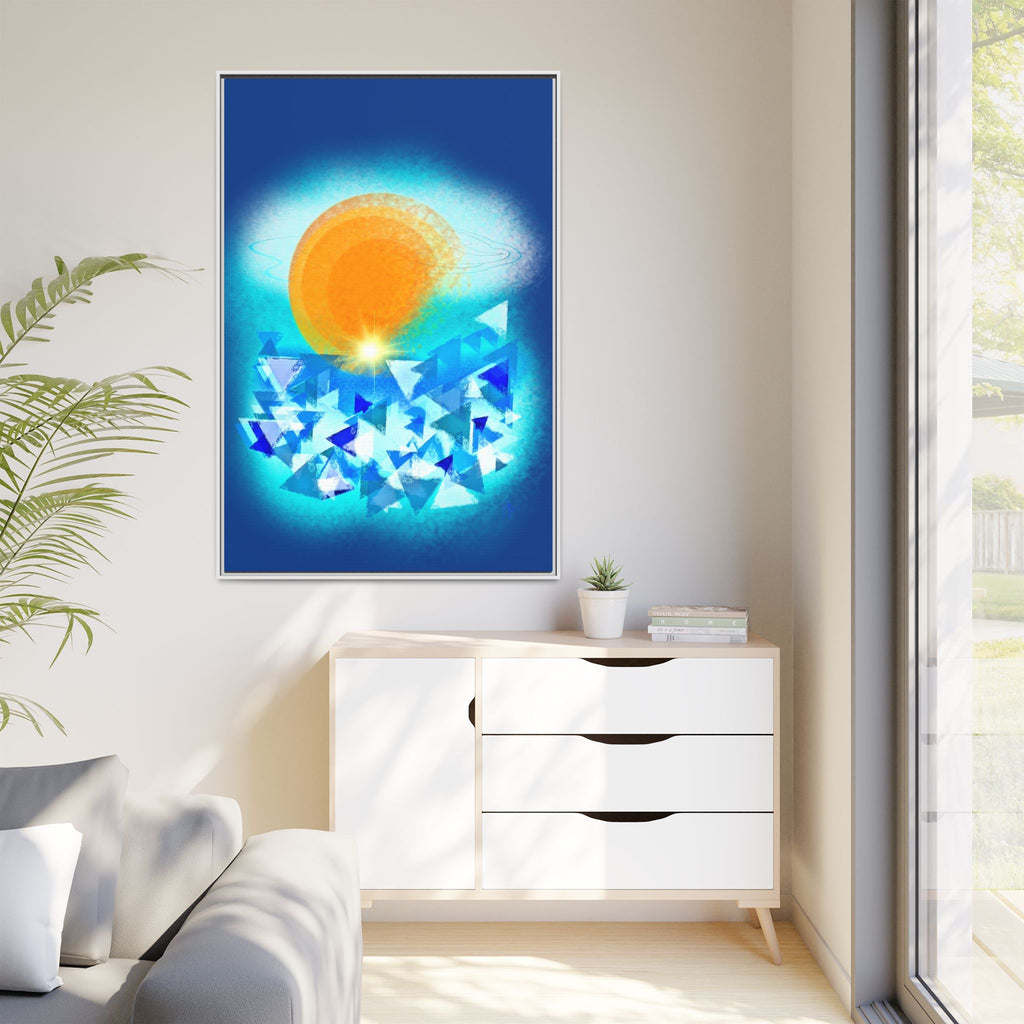 Abstract Sunrise Framed Canvas Art – Orange Sun Over Blue Geometric Waves