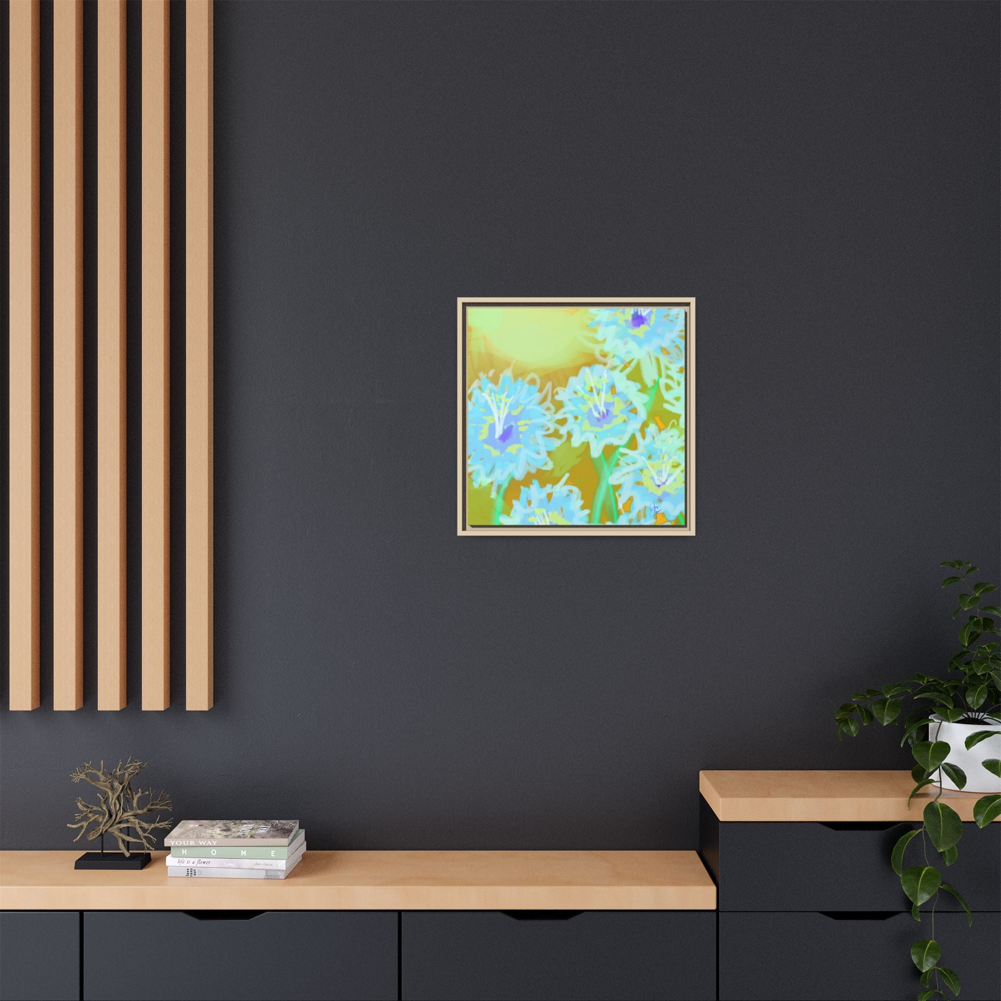 Framed Floral Canvas Art — Blue & Yellow Abstract Bouquet (Matte)