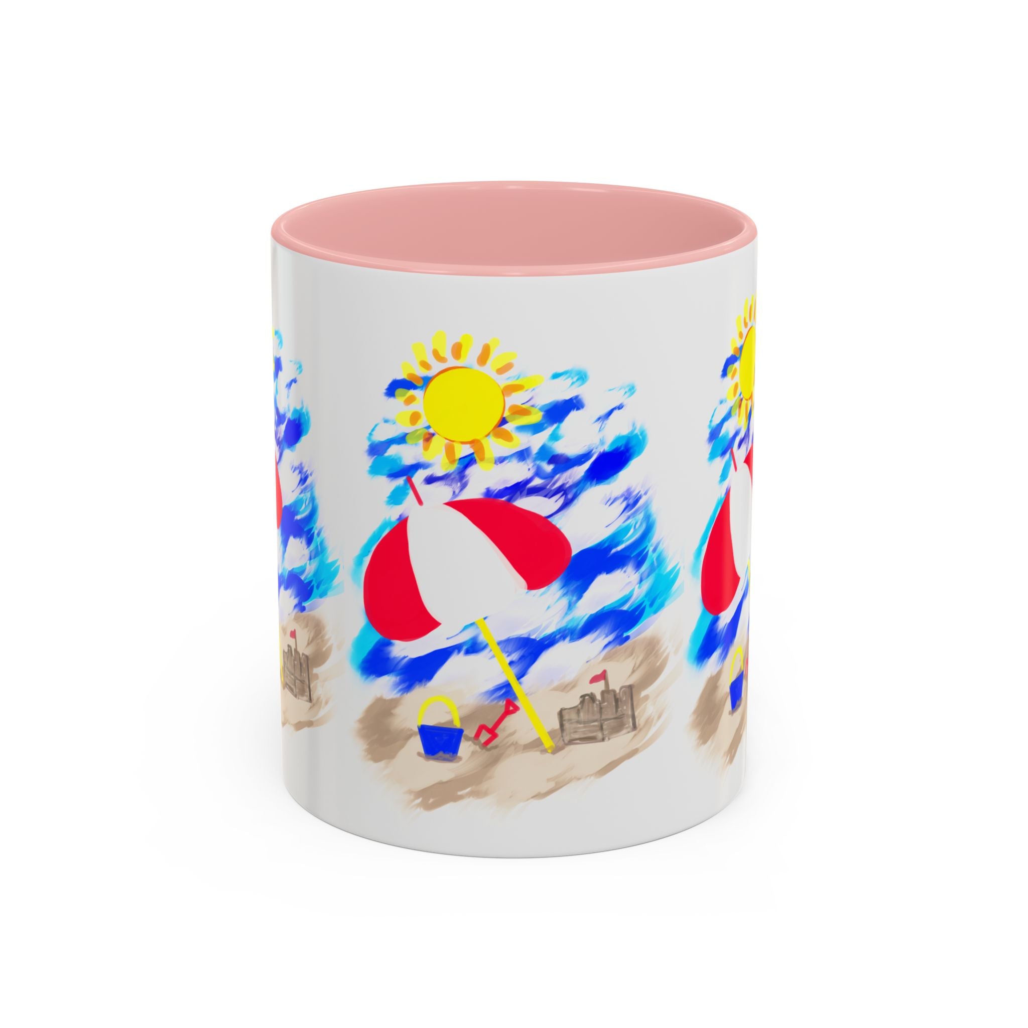 Beach Scene Coffee Mug – Summer Umbrella, Sun & Sandcastle Accent Mug