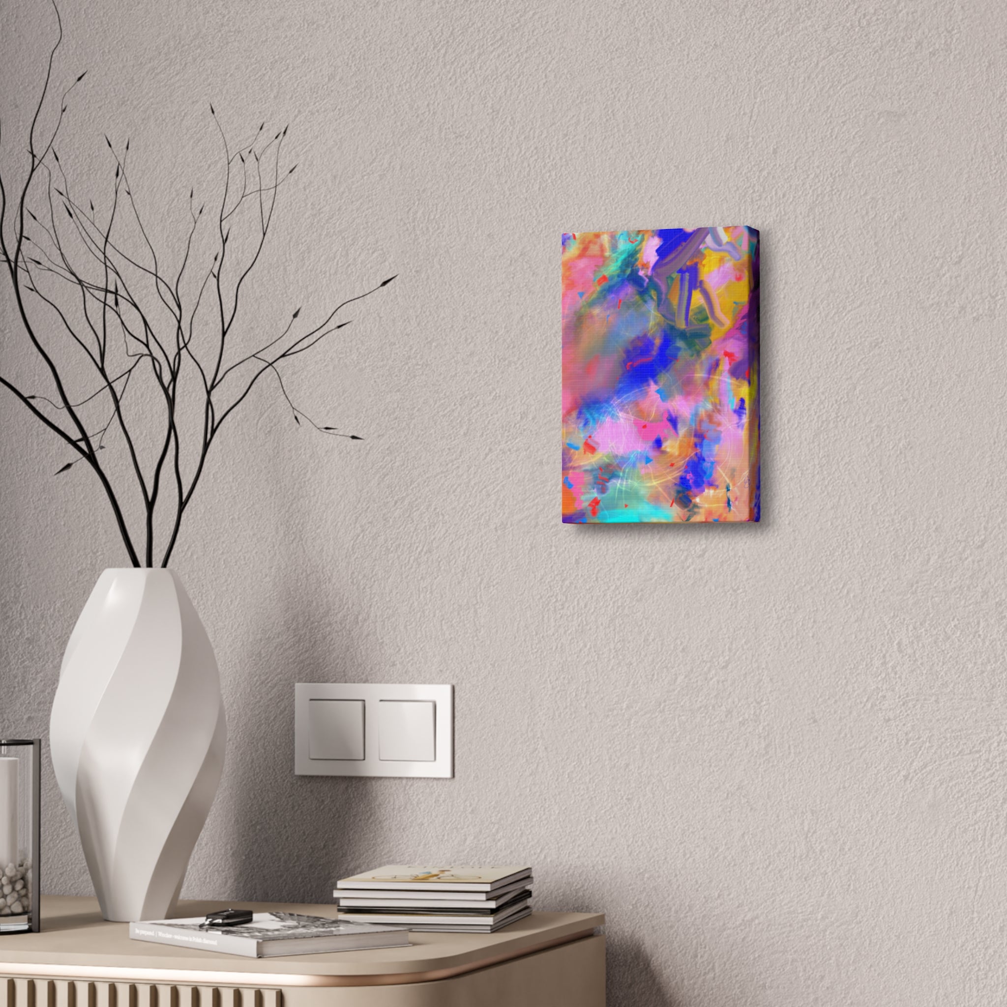 Abstract Color Burst Canvas – Vibrant Pink & Blue Stretched Wall Art