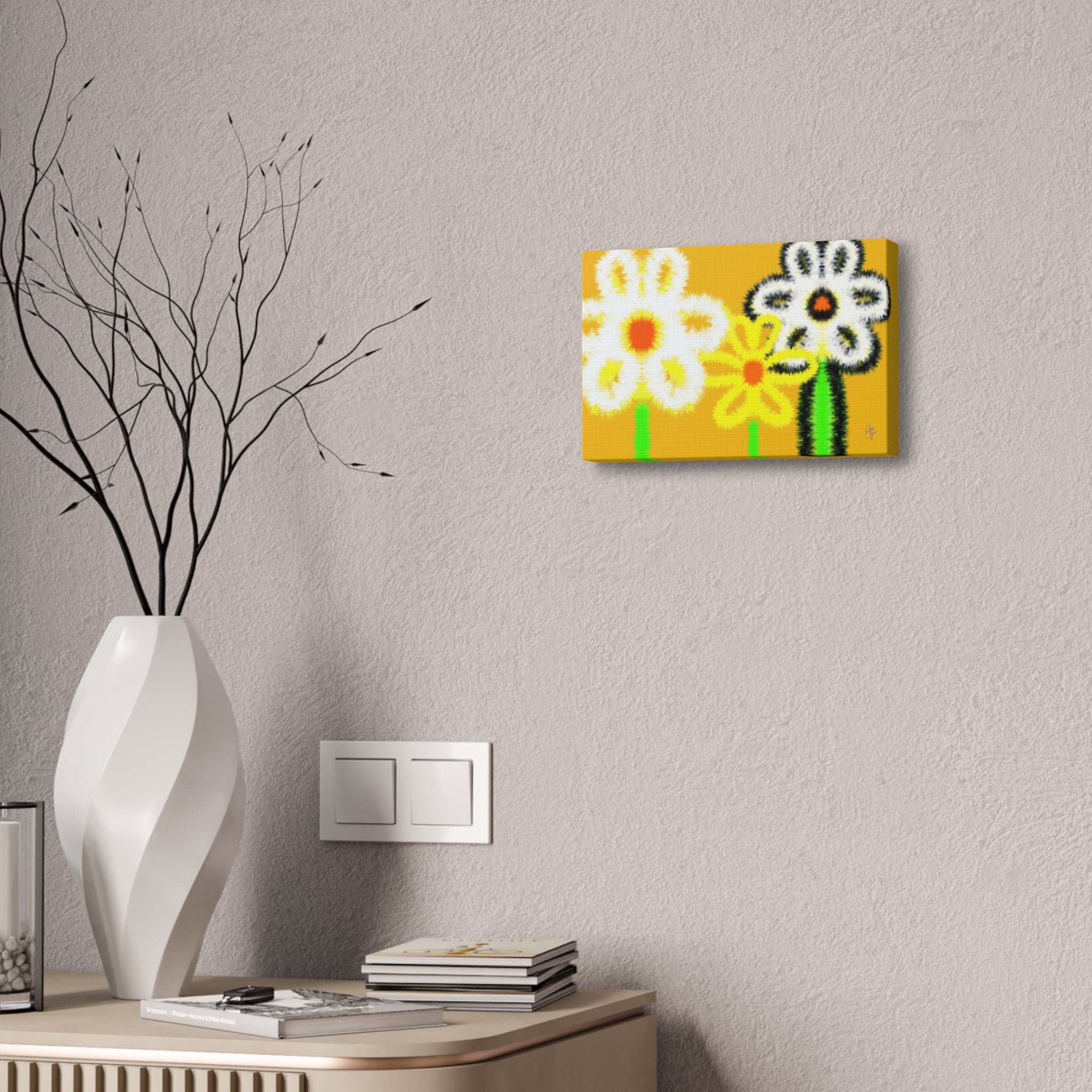 Bright Fuzzy Daisies Canvas Art — Yellow Floral Wall Decor, Stretched 1.5"