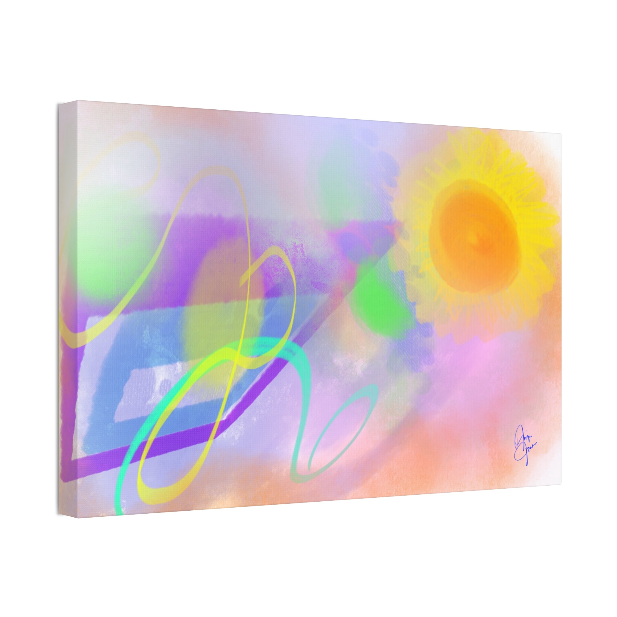 Abstract Sunrise Canvas Wall Art – Bright Pastel Sun & Swirls (1.5" Stretched)