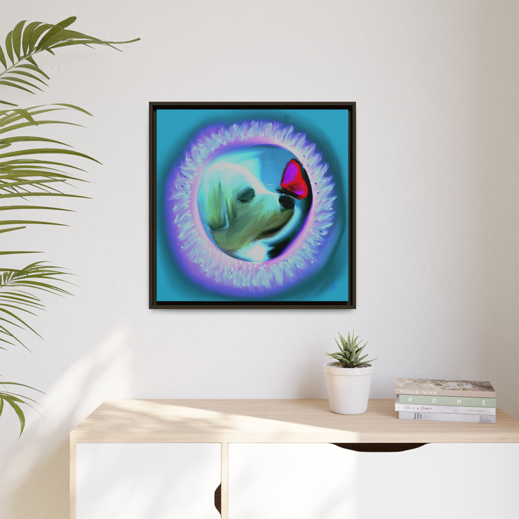 Framed Matte Canvas - Puppy with Butterfly Pop Art