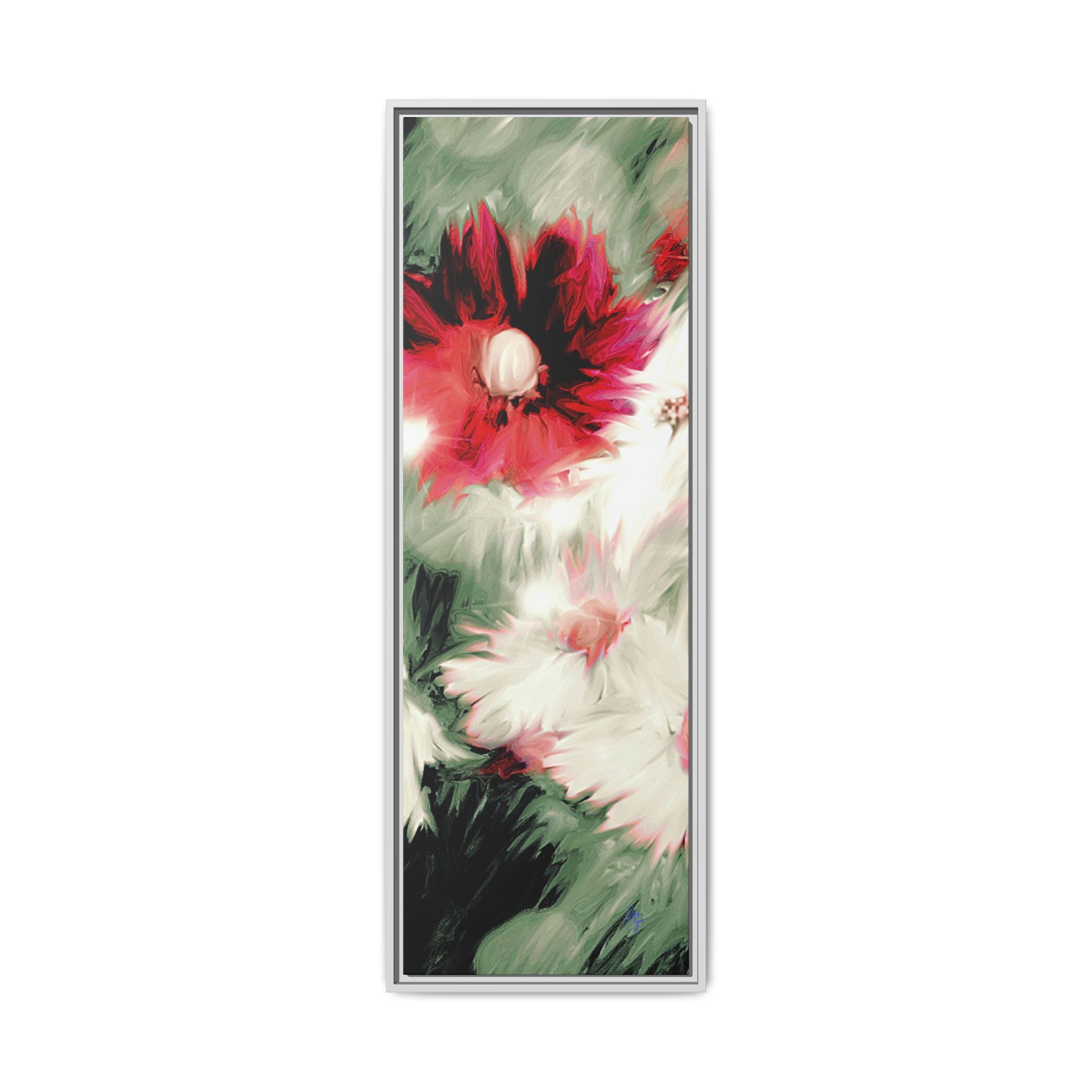 Framed Matte Canvas Print — Blurred Red & White Floral Art