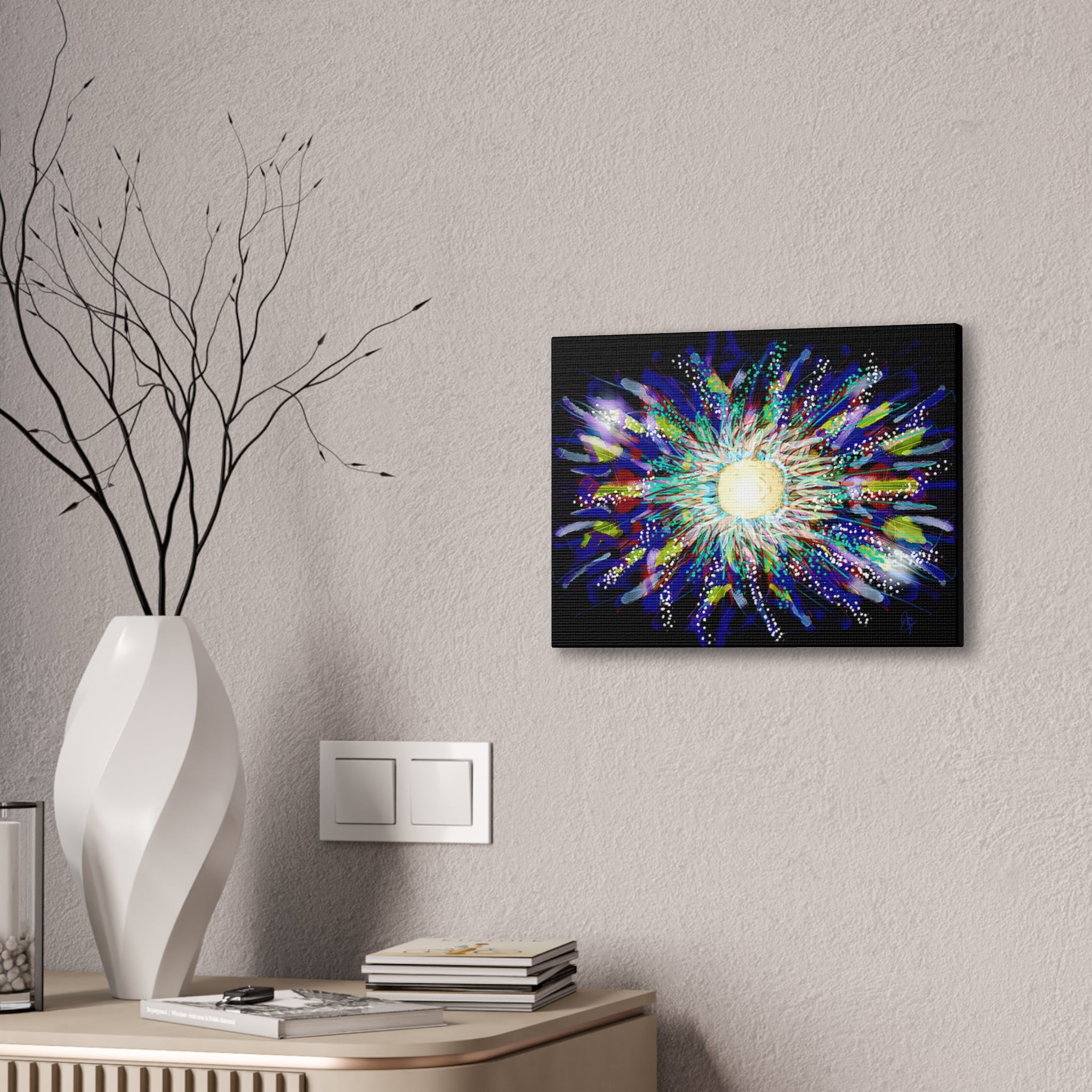 Abstract Cosmic Burst Canvas Wall Art — Colorful Sunflower Explosion on Black