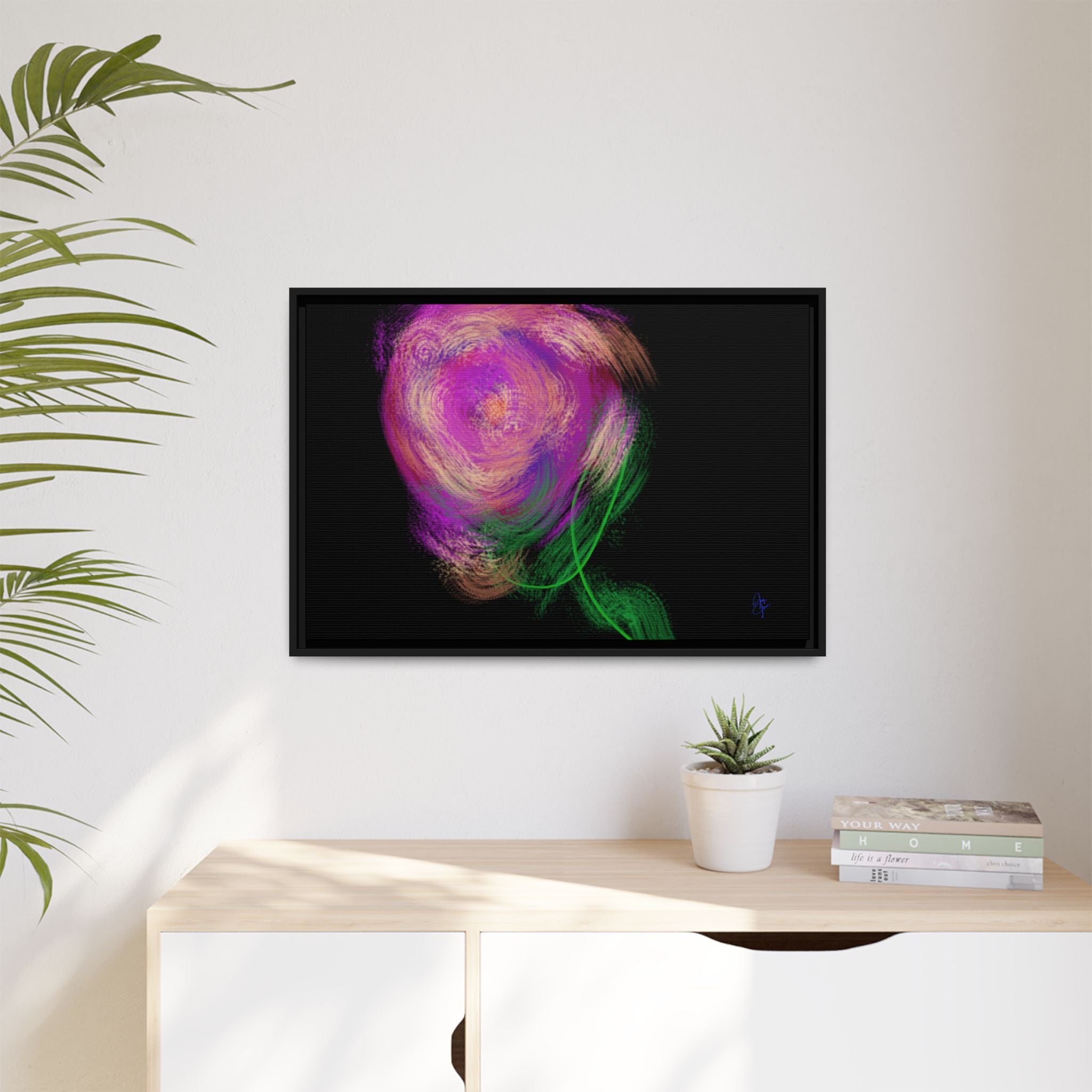Abstract Rose Swirl Matte Framed Canvas — Multicolor Floral Wall Art