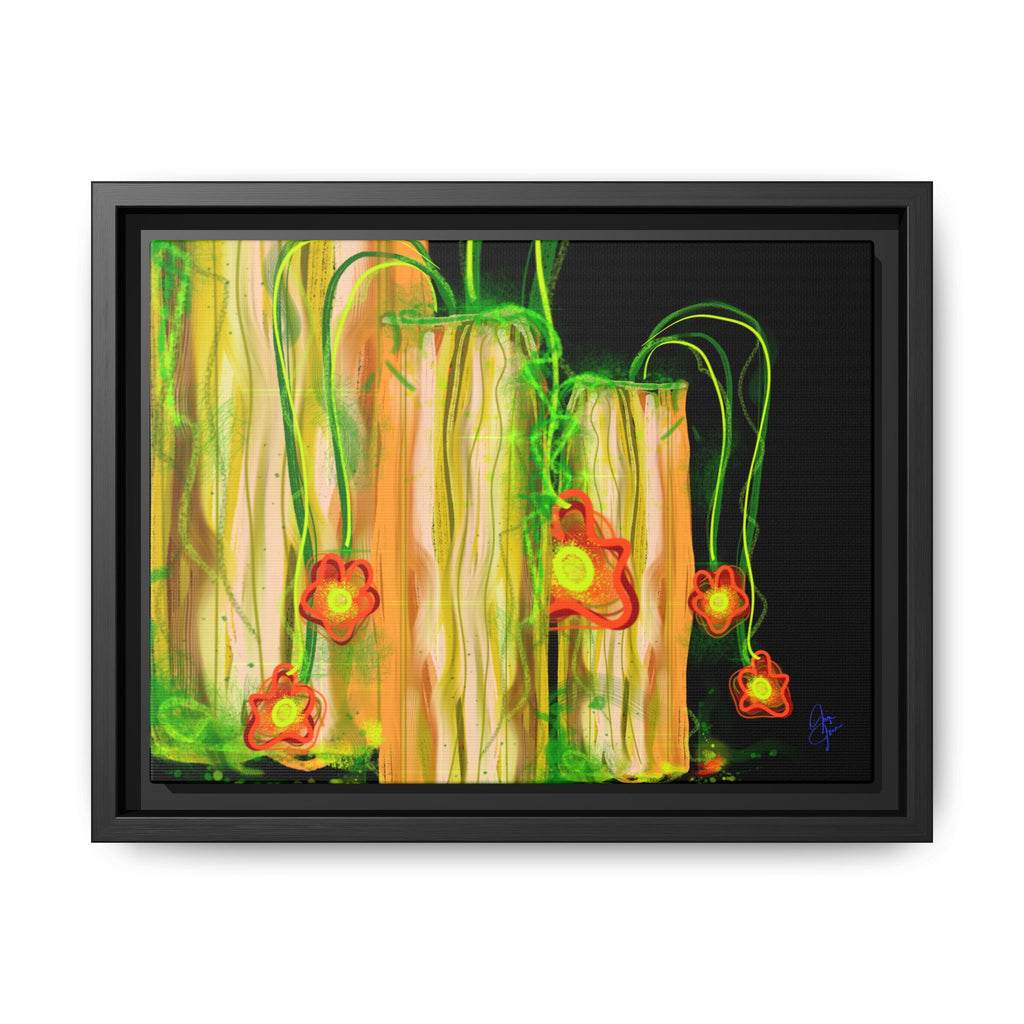 Framed Matte Canvas Print — Neon Floral Candlelight Art