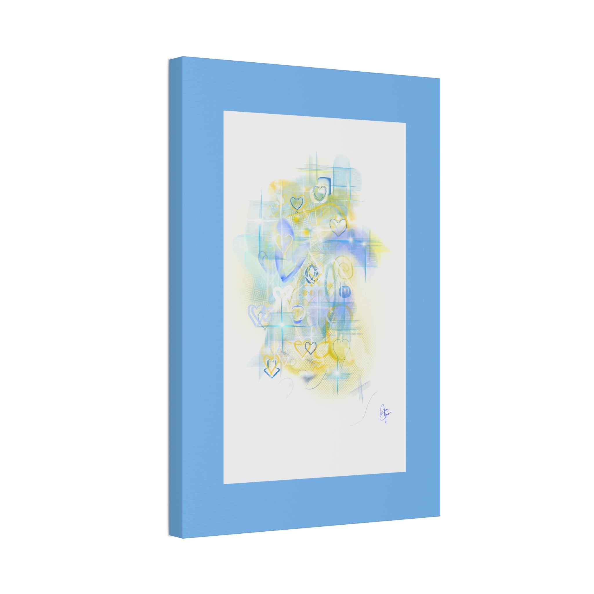 Pastel Heart Abstract Canvas Print — Blue & Yellow Stretched Wall Art (1.5")