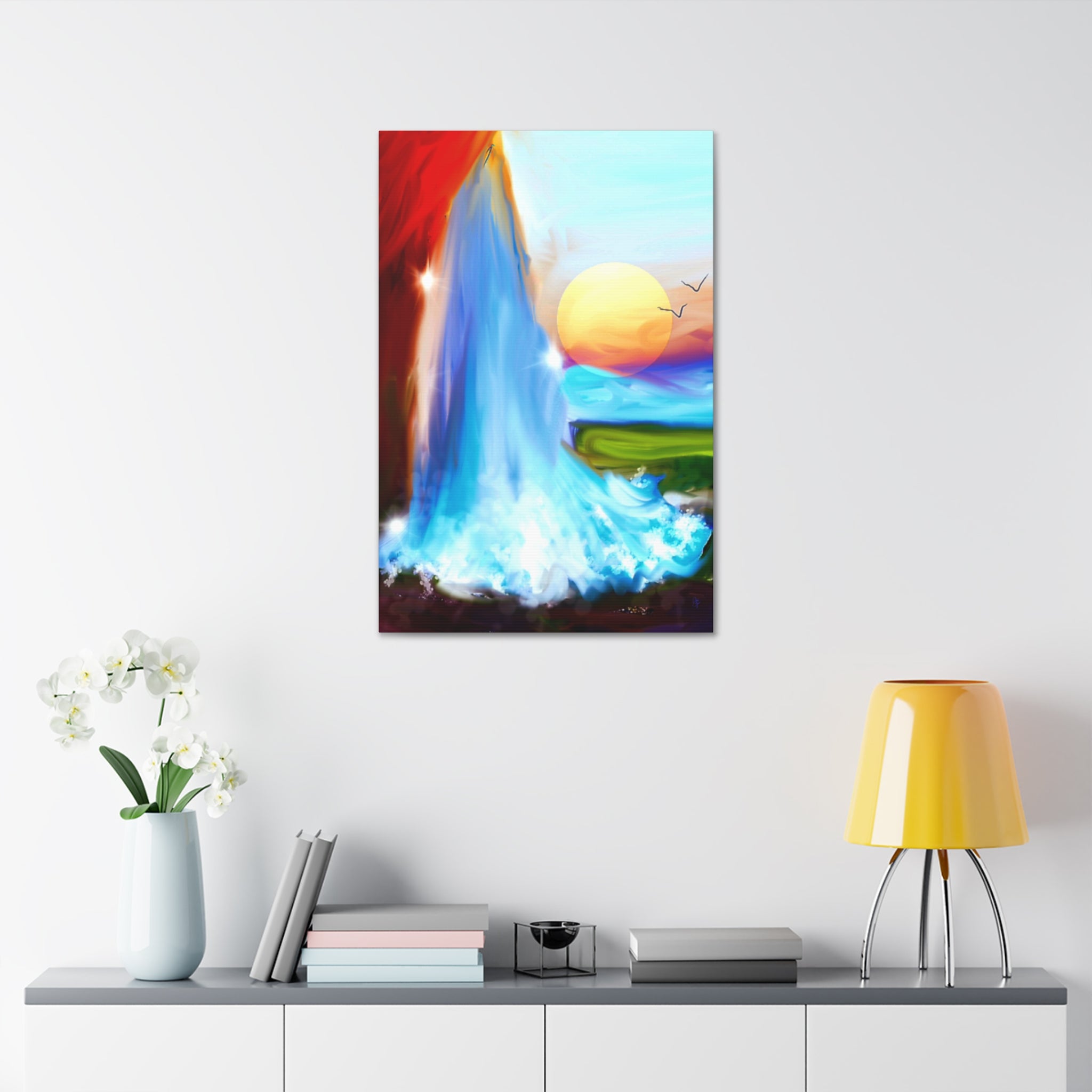 Waterfall Sunset Canvas Art – Vibrant Nature Wall Decor