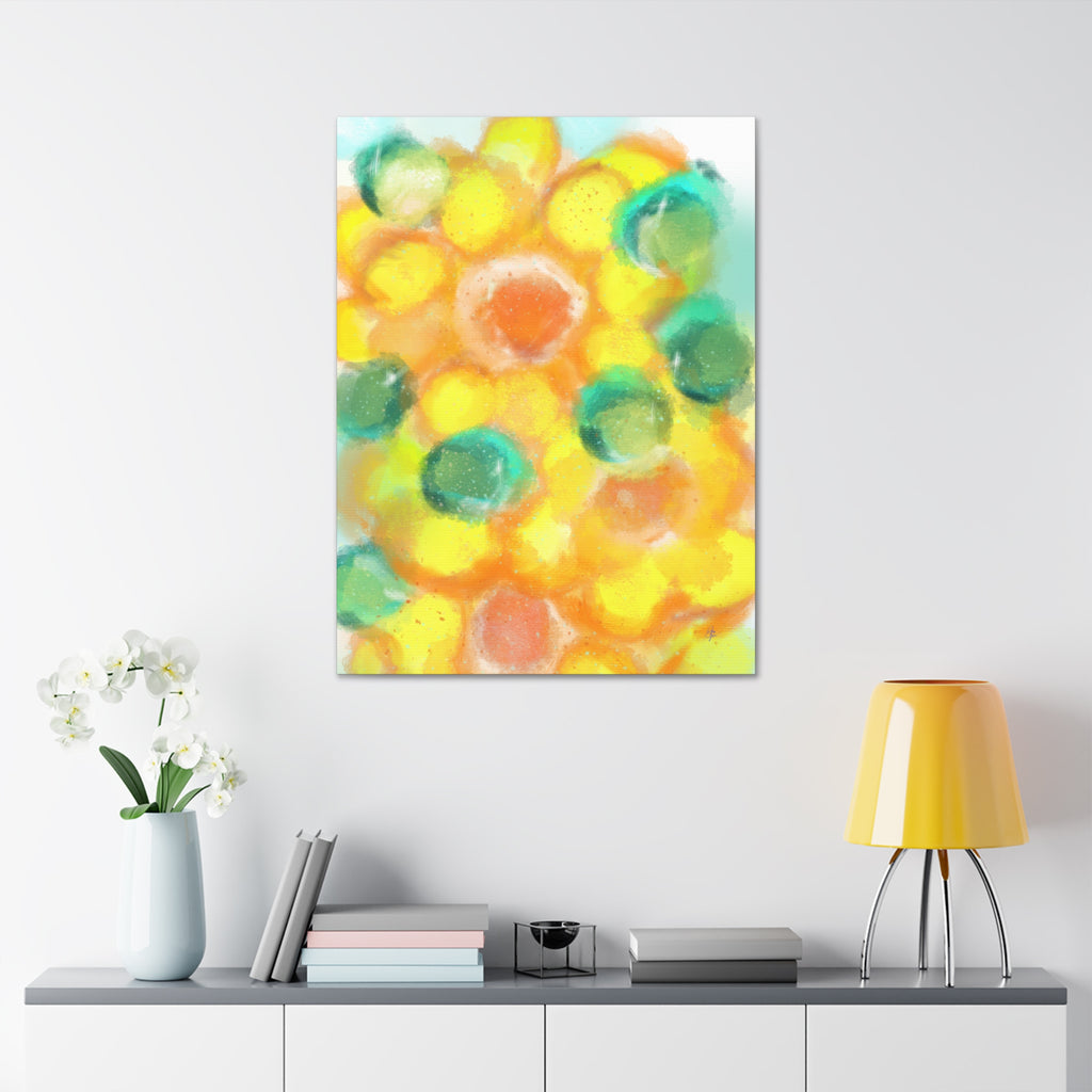 Abstract Sunshine Circles Canvas Art – Vibrant Yellow & Teal Stretched Wall Decor