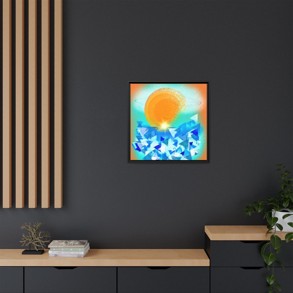Abstract Sunrise Framed Canvas Art – Orange Sun Over Blue Geometric Waves