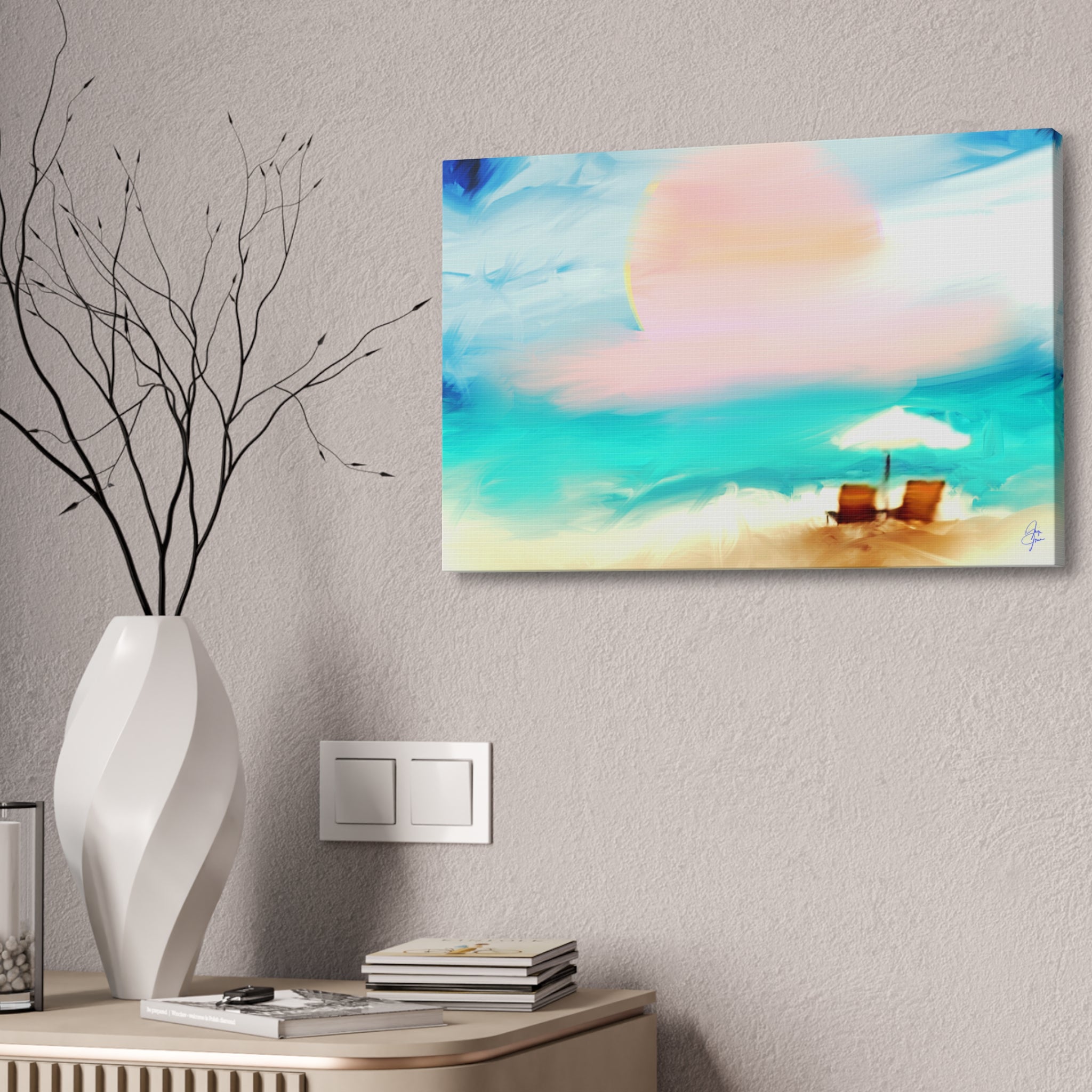 Beach Sunset Canvas Wall Art — Tropical Chairs & Umbrella Stretched Canvas