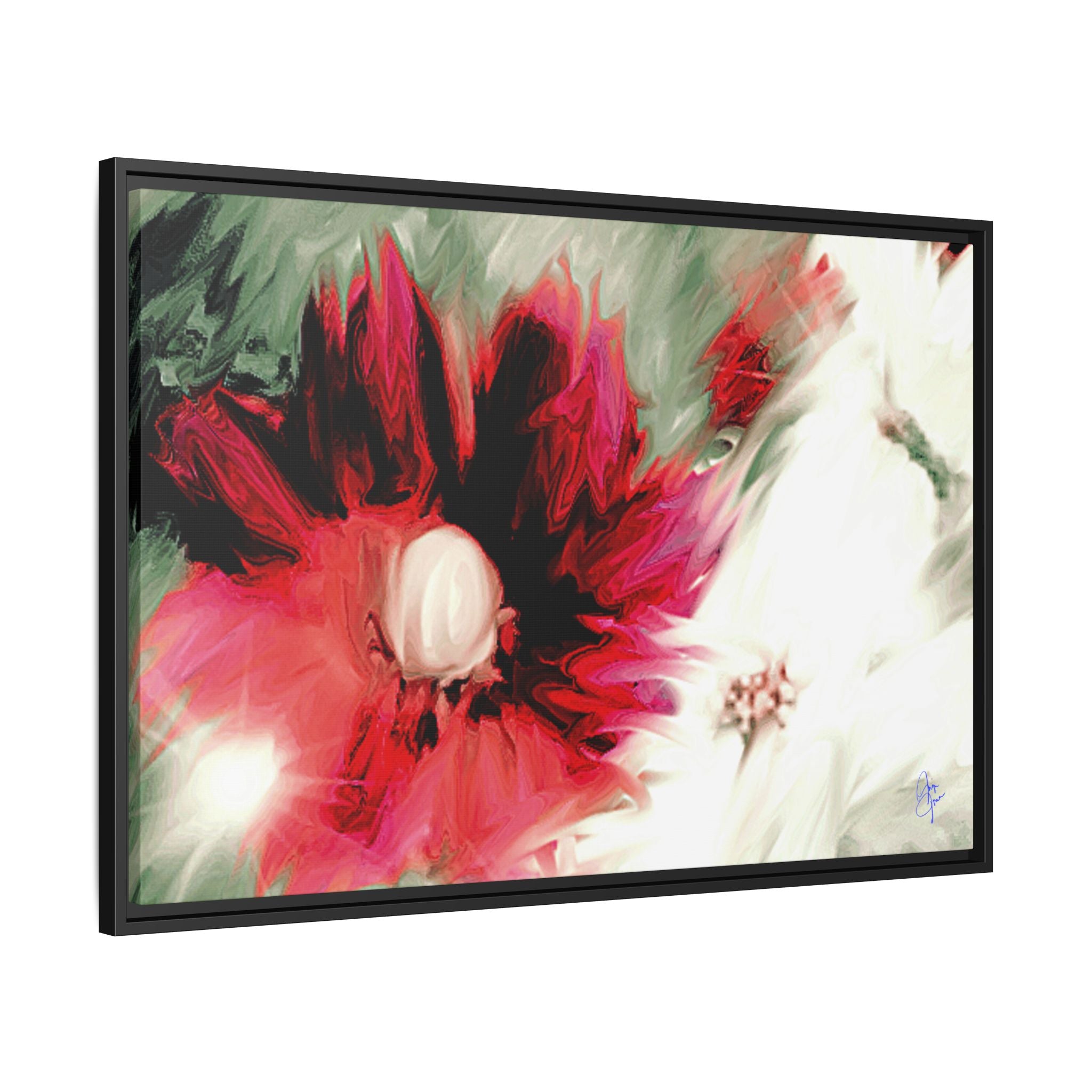 Framed Matte Canvas Print — Blurred Red & White Floral Art
