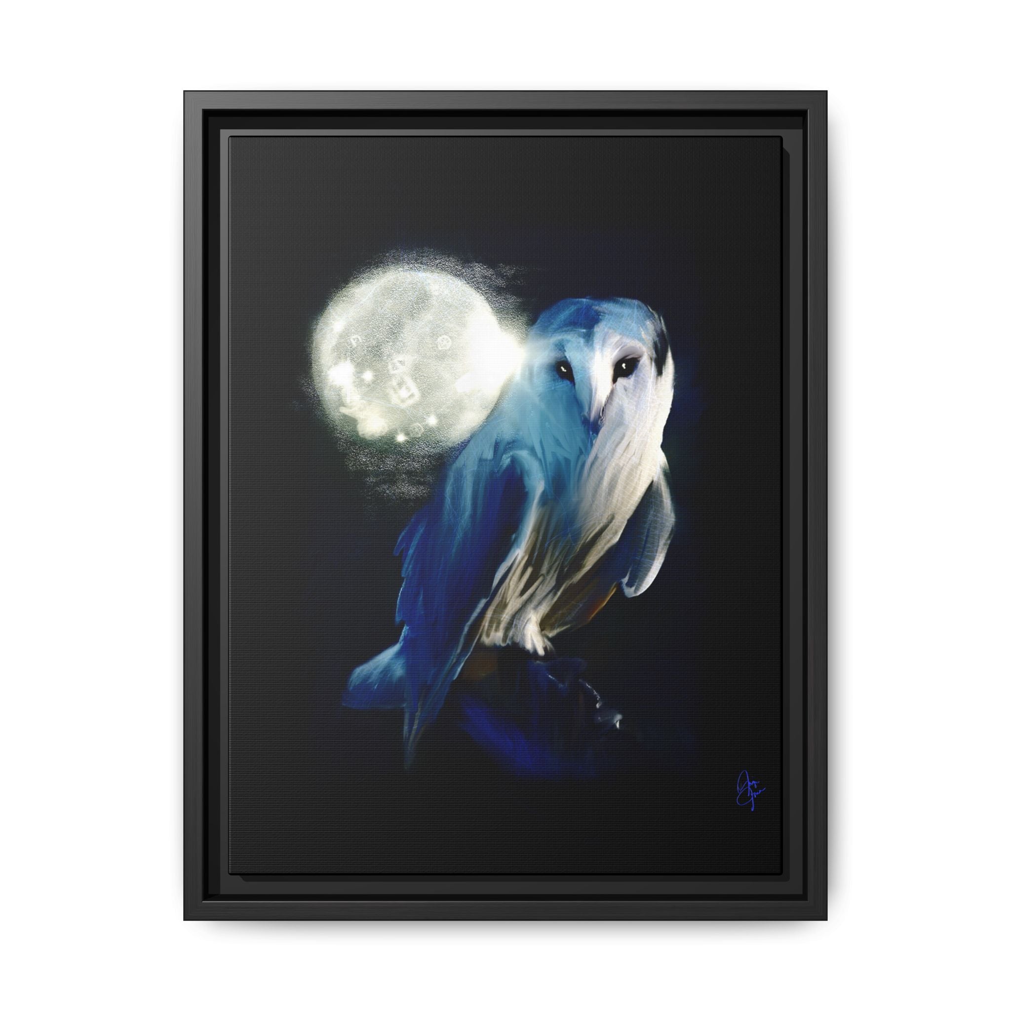 Moonlight Owl Matte Framed Canvas — Mystical Blue Owl Wall Art
