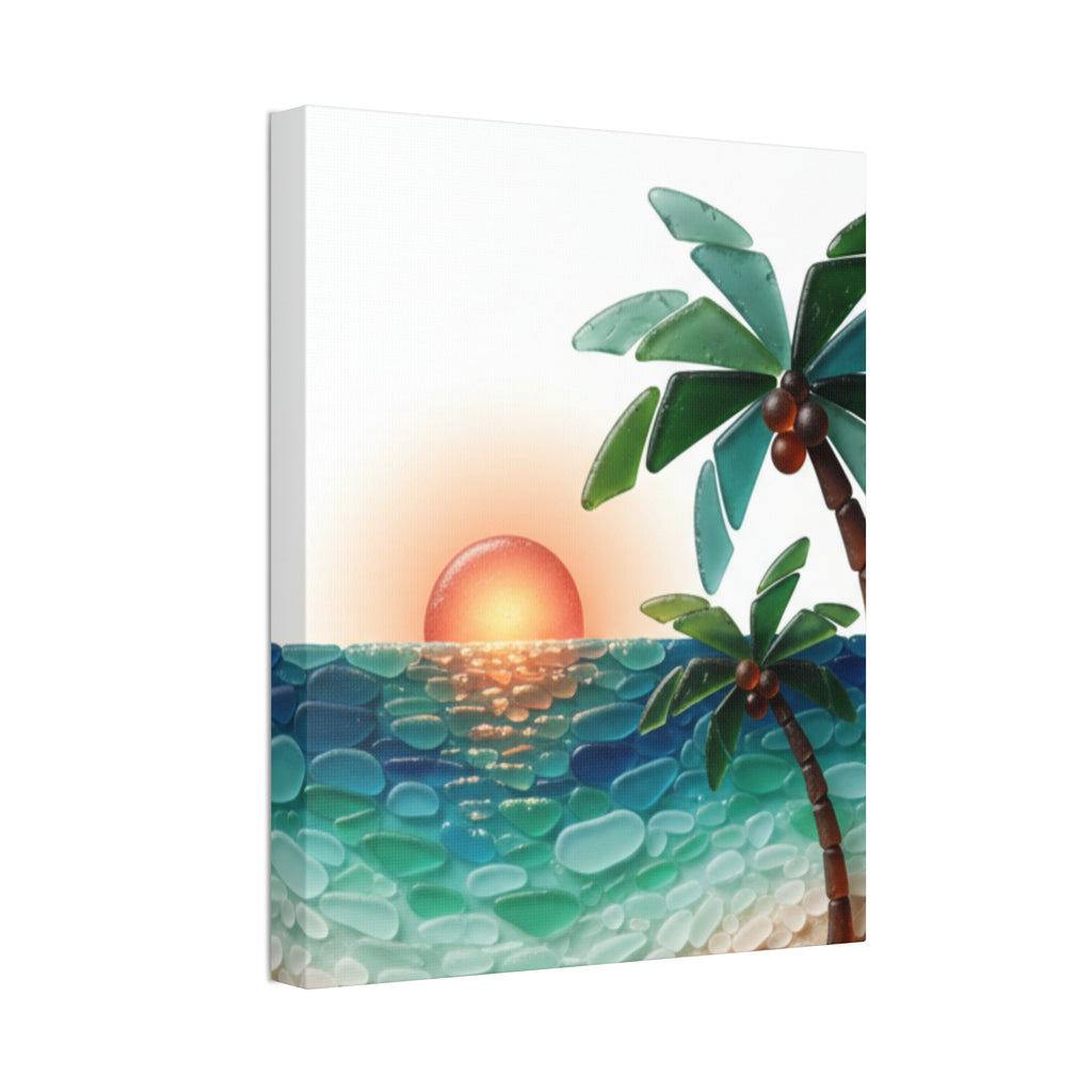 Tropical Sunset Canvas Wall Art — Palm Tree Beach Seascape Stretched Canvas