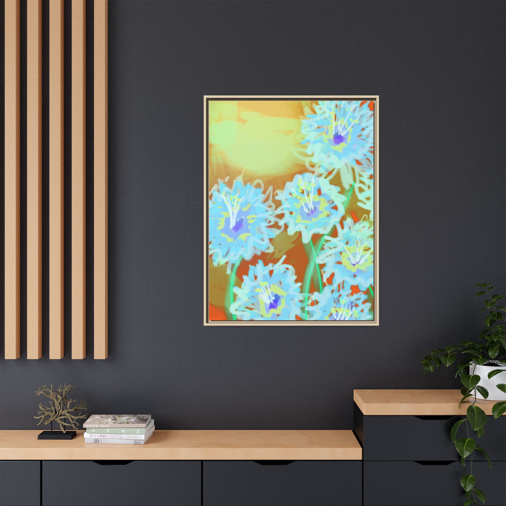 Framed Floral Canvas Art — Blue & Yellow Abstract Bouquet (Matte)