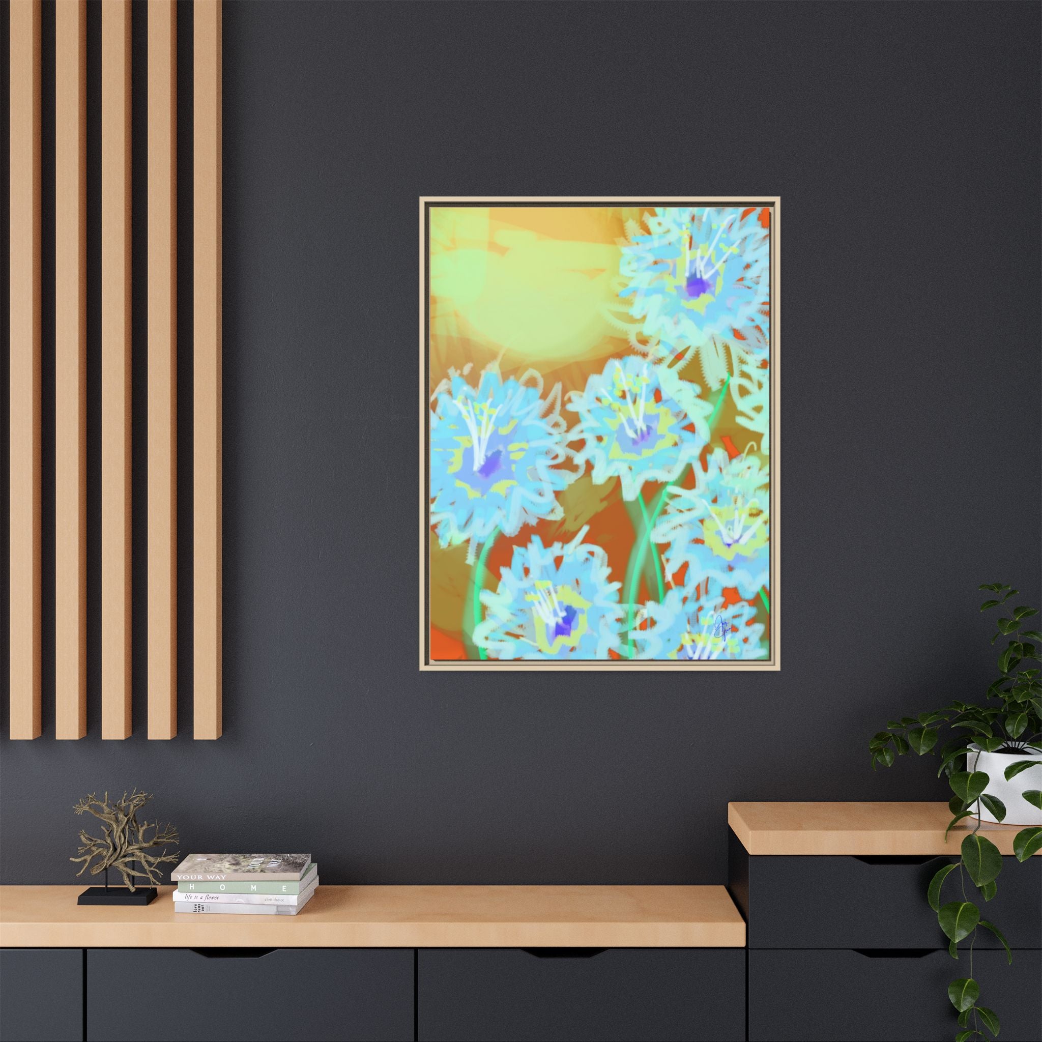Framed Floral Canvas Art — Blue & Yellow Abstract Bouquet (Matte)