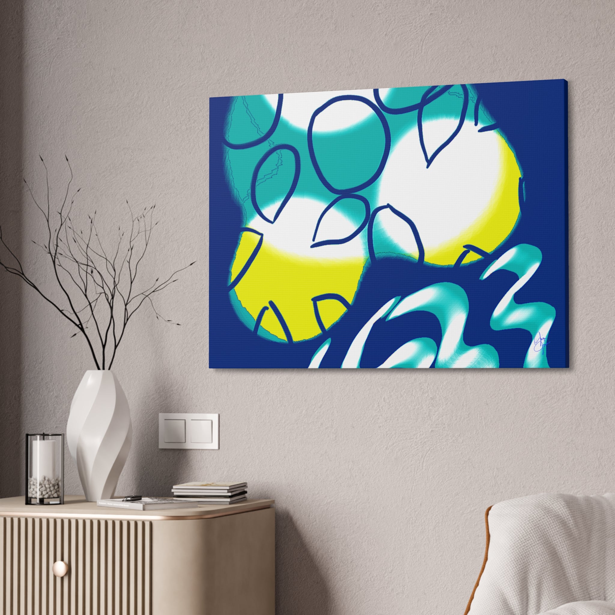 Abstract Ocean Waves Jellyfish Canvas Art — Blue & Teal Modern Wall Decor, Stretched 1.5"