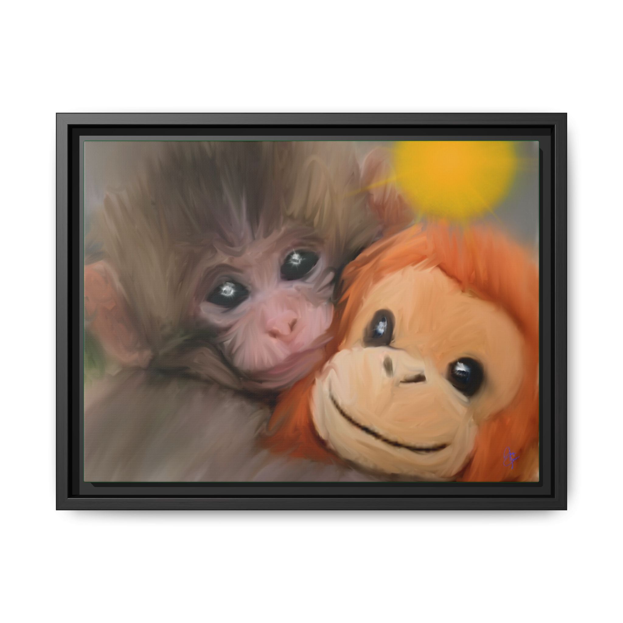 Framed Matte Canvas Print — Baby Monkey & Plush Orangutan Wall Art