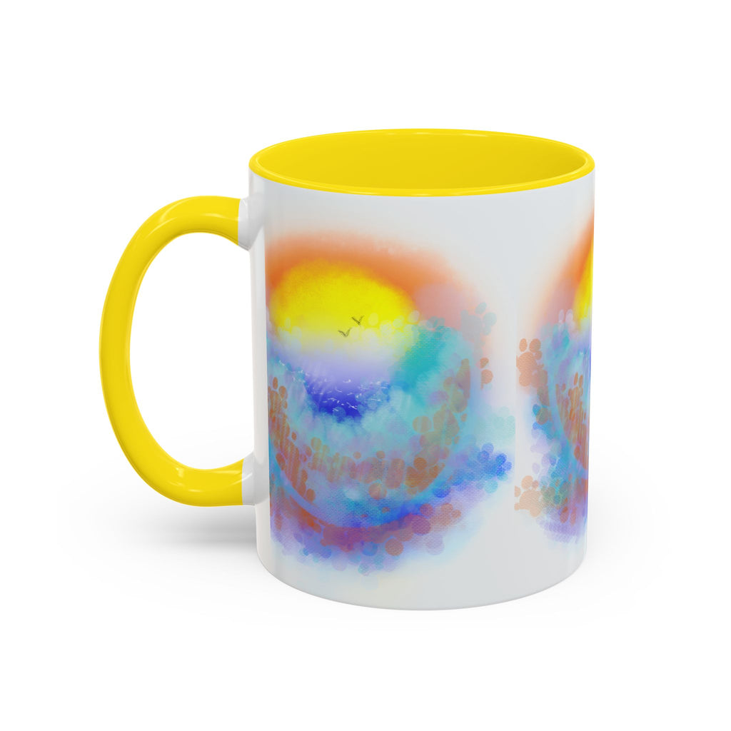 Sunrise Watercolor Accent Coffee Mug — Colorful Ocean Sunrise Art (11/15 oz)