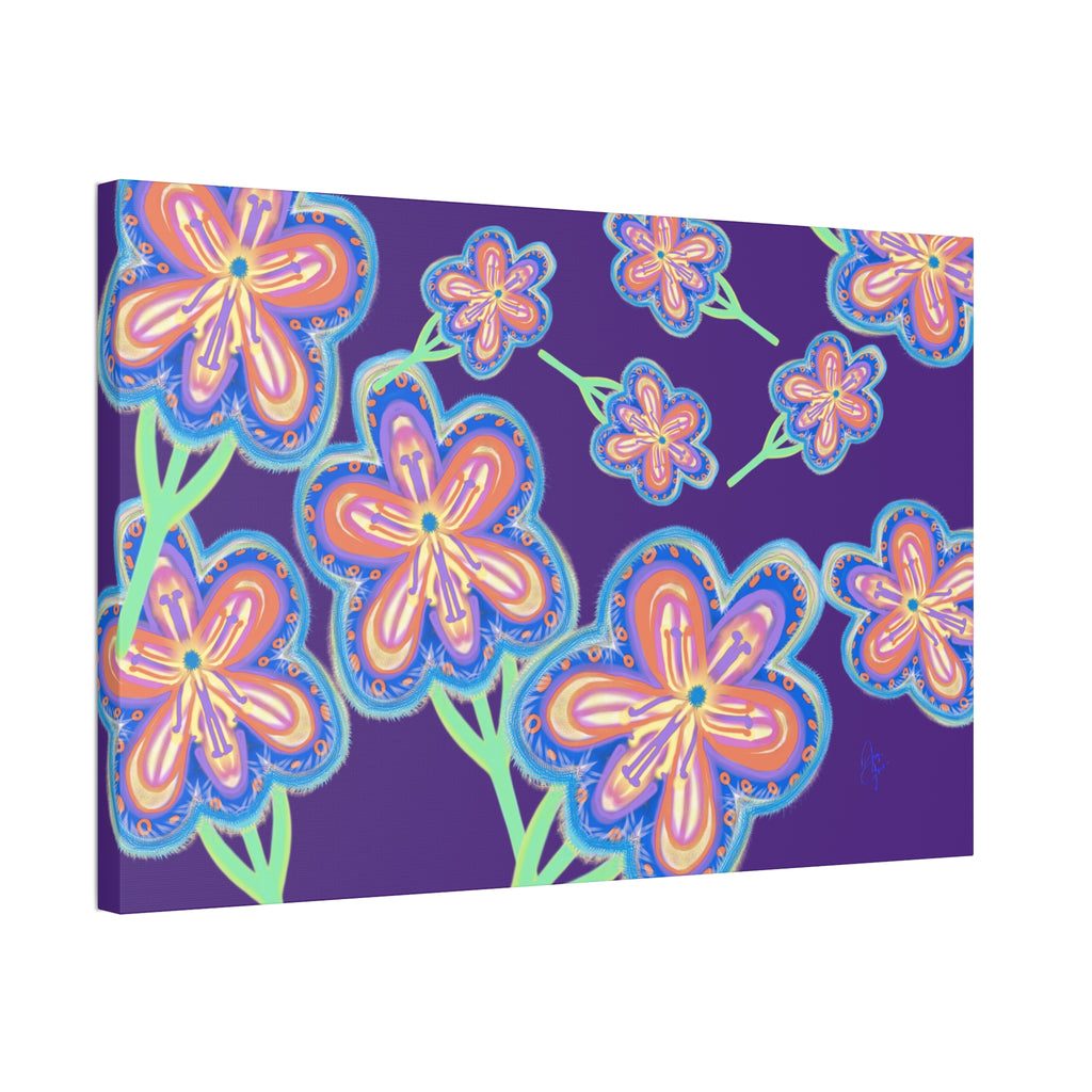 Floral Pop Canvas — Bright Blue Hand-Drawn Flowers Stretched Canvas
