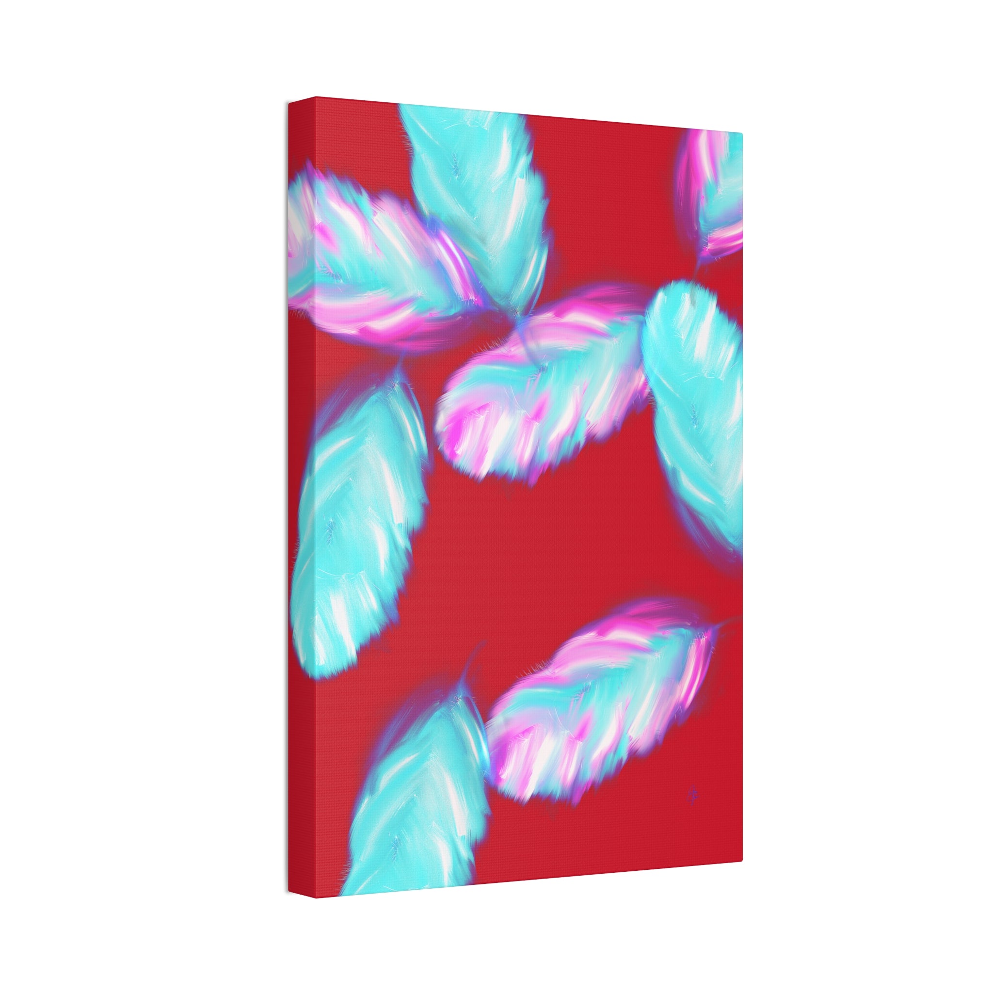 Abstract Neon Feathers Canvas Print — Turquoise & Pink Stretched Wall Art