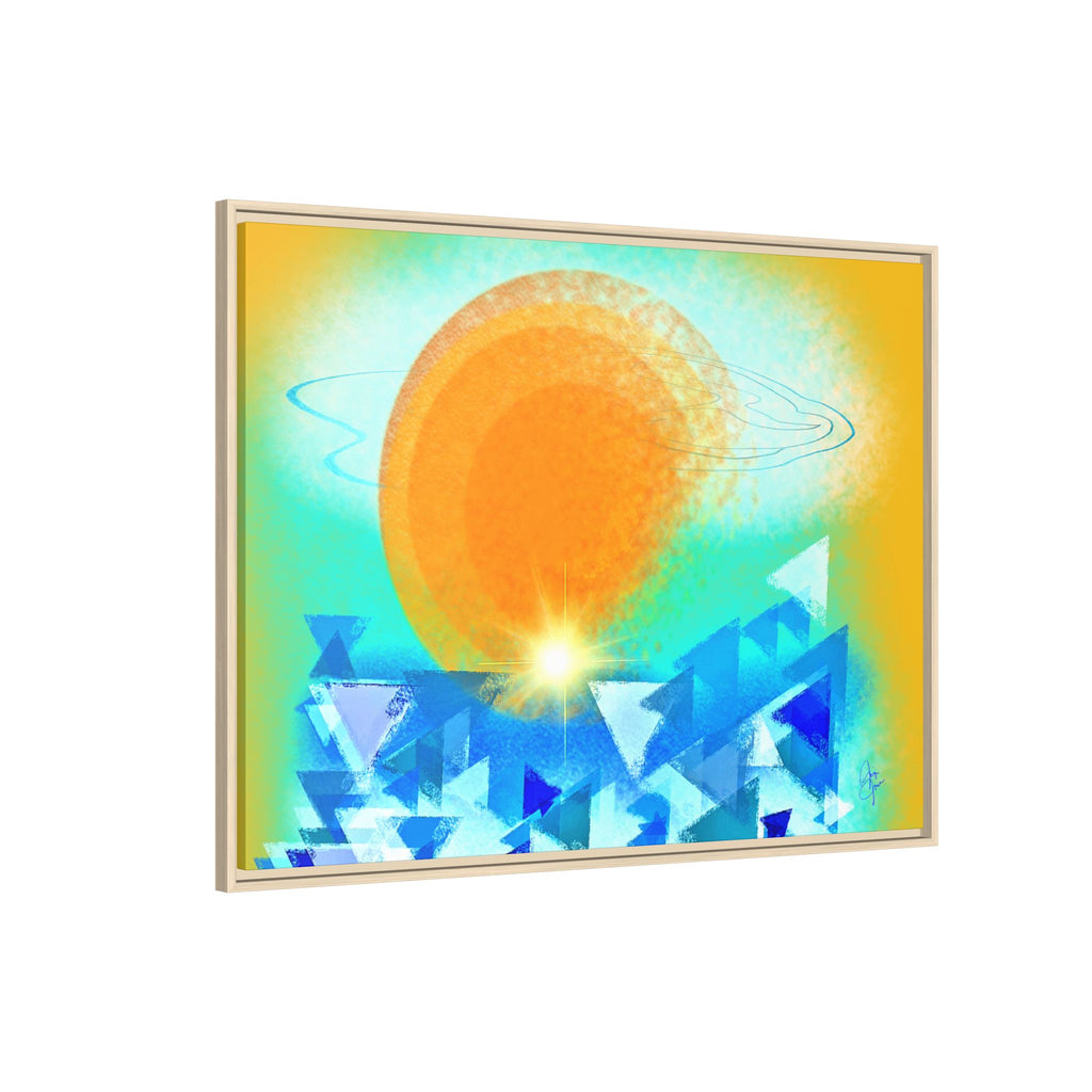 Abstract Sunrise Framed Canvas Art – Orange Sun Over Blue Geometric Waves