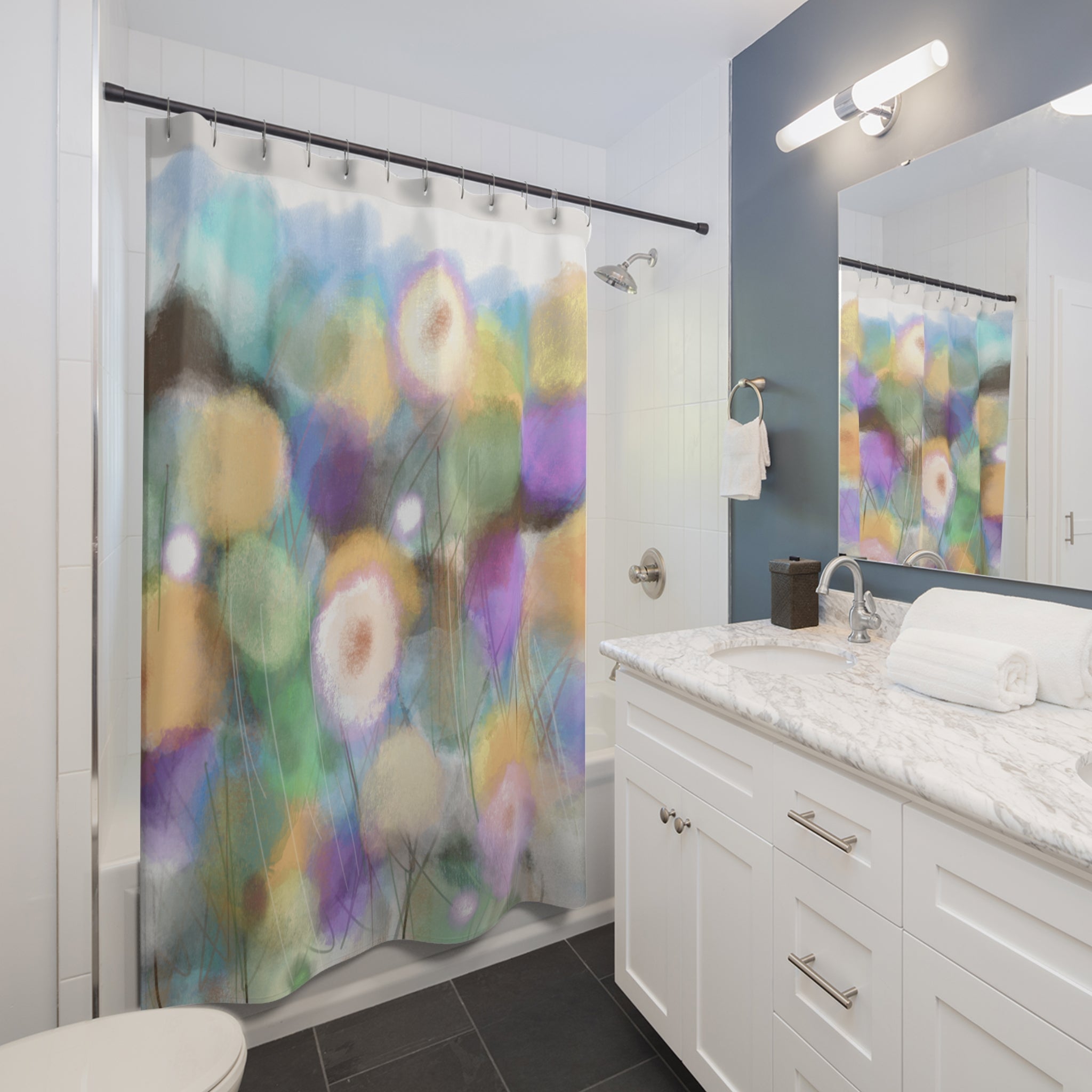 Floral Watercolor Shower Curtain — Soft Pastel Bloom Bathroom Decor