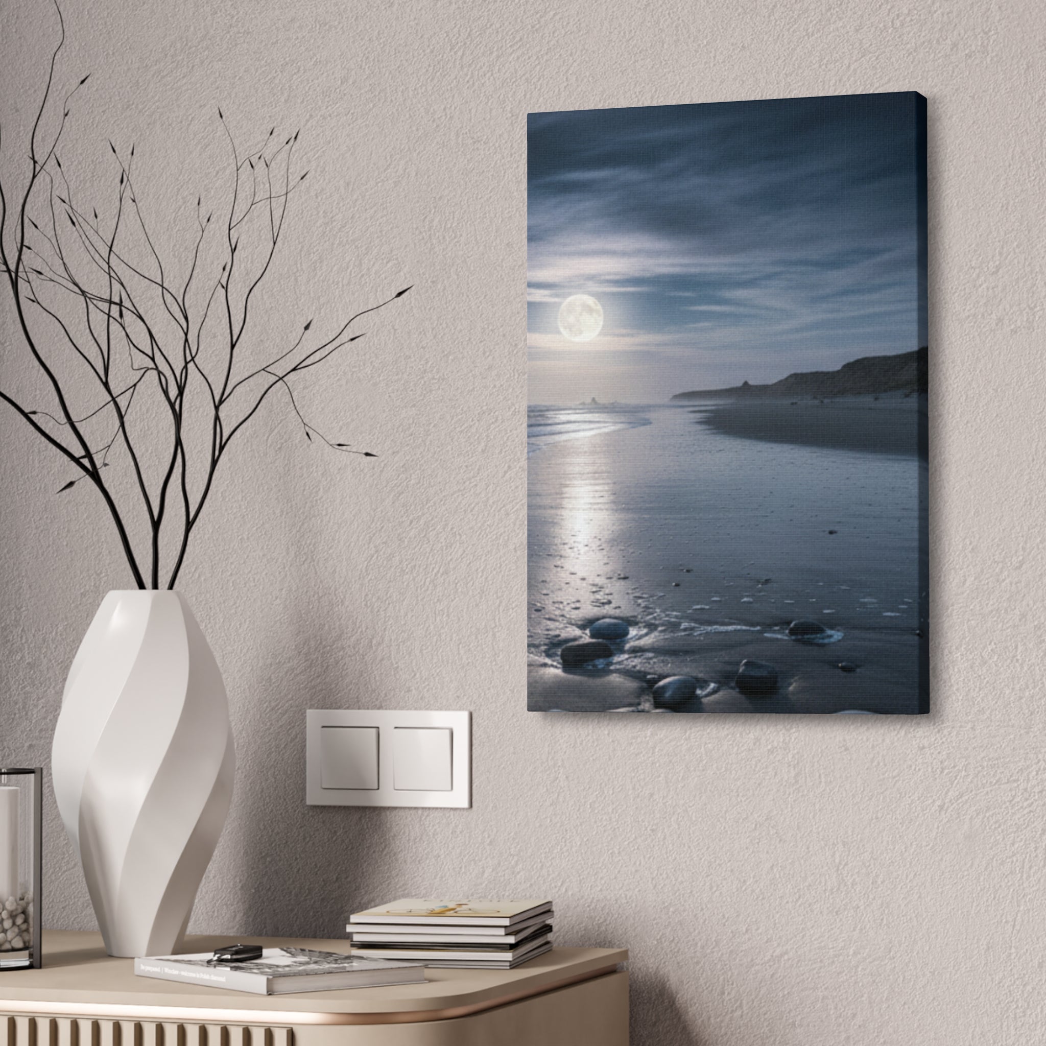 Moonlit Beach Canvas Wall Art — Tranquil Ocean Nightscape