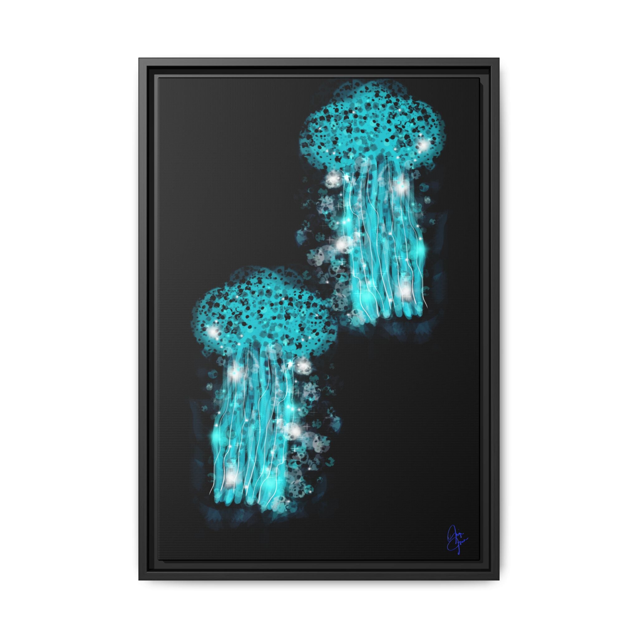 Glowing Jellyfish Art Print — Framed Matte Canvas