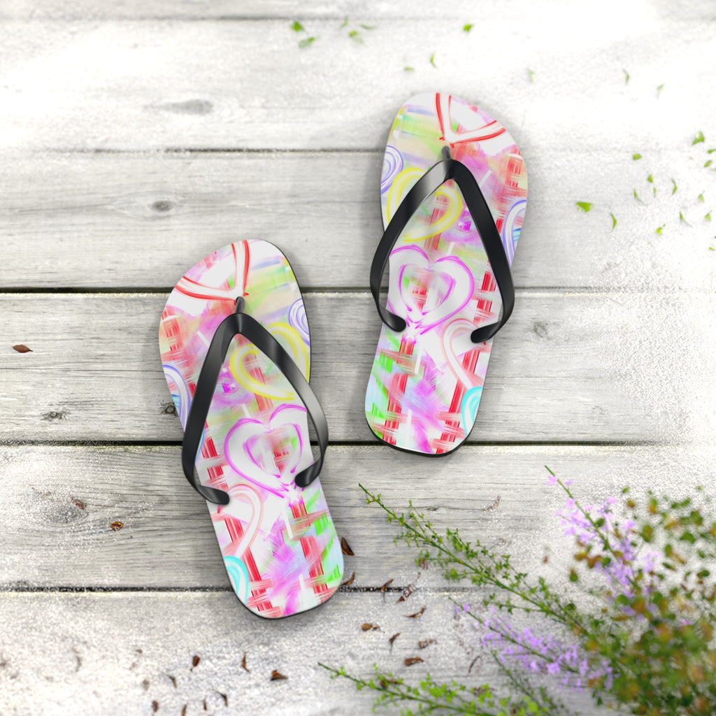 Heart Pattern Flip Flops — Pastel Neon Love Beach Sandals