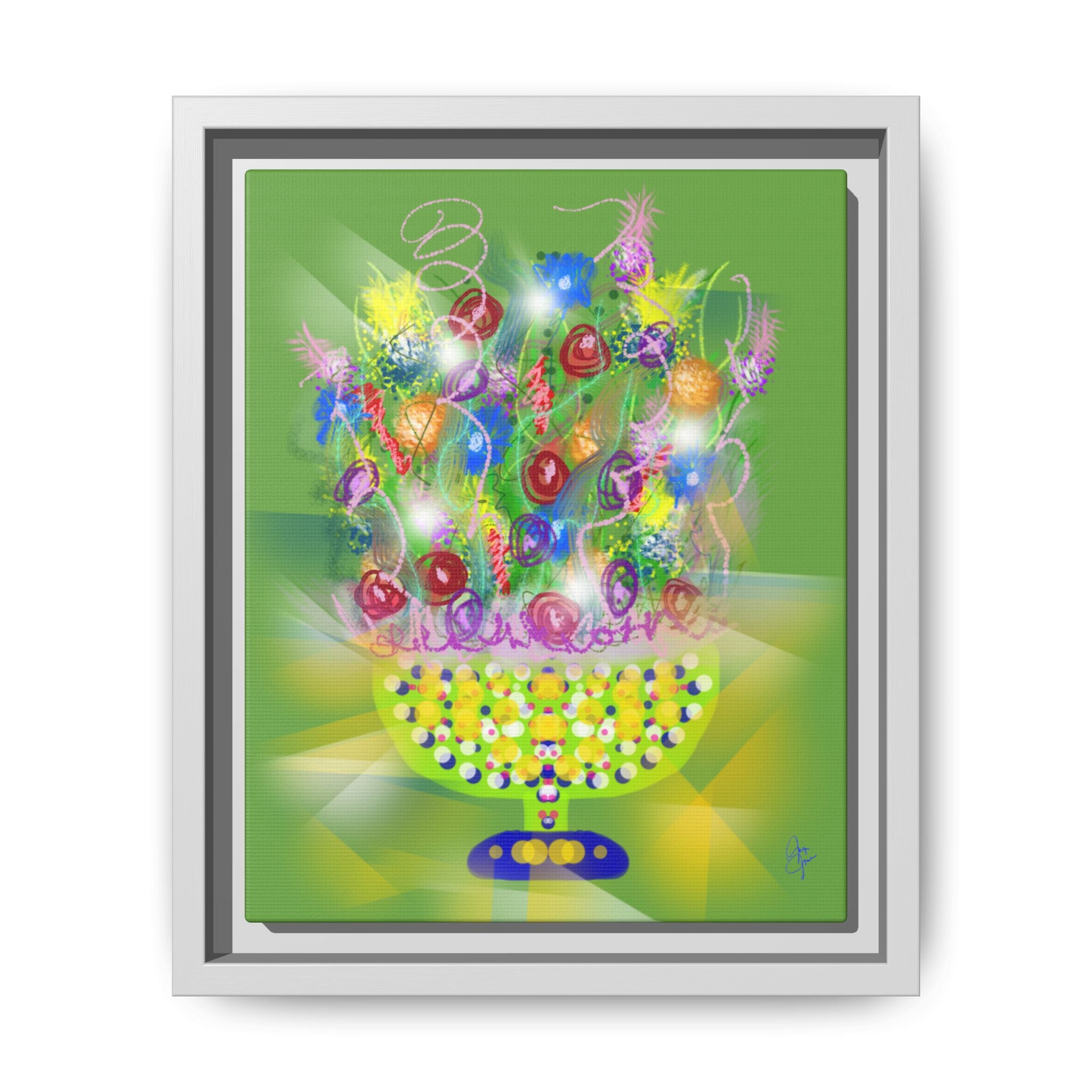 Framed Canvas Art - Colorful Festive Bouquet on Deep Blue Matte