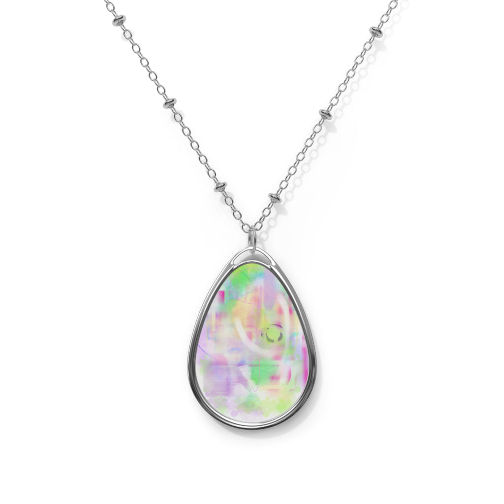 Iridescent Oval Pendant Necklace — Silver Teardrop Pendant with Pastel Opal-Look Inlay
